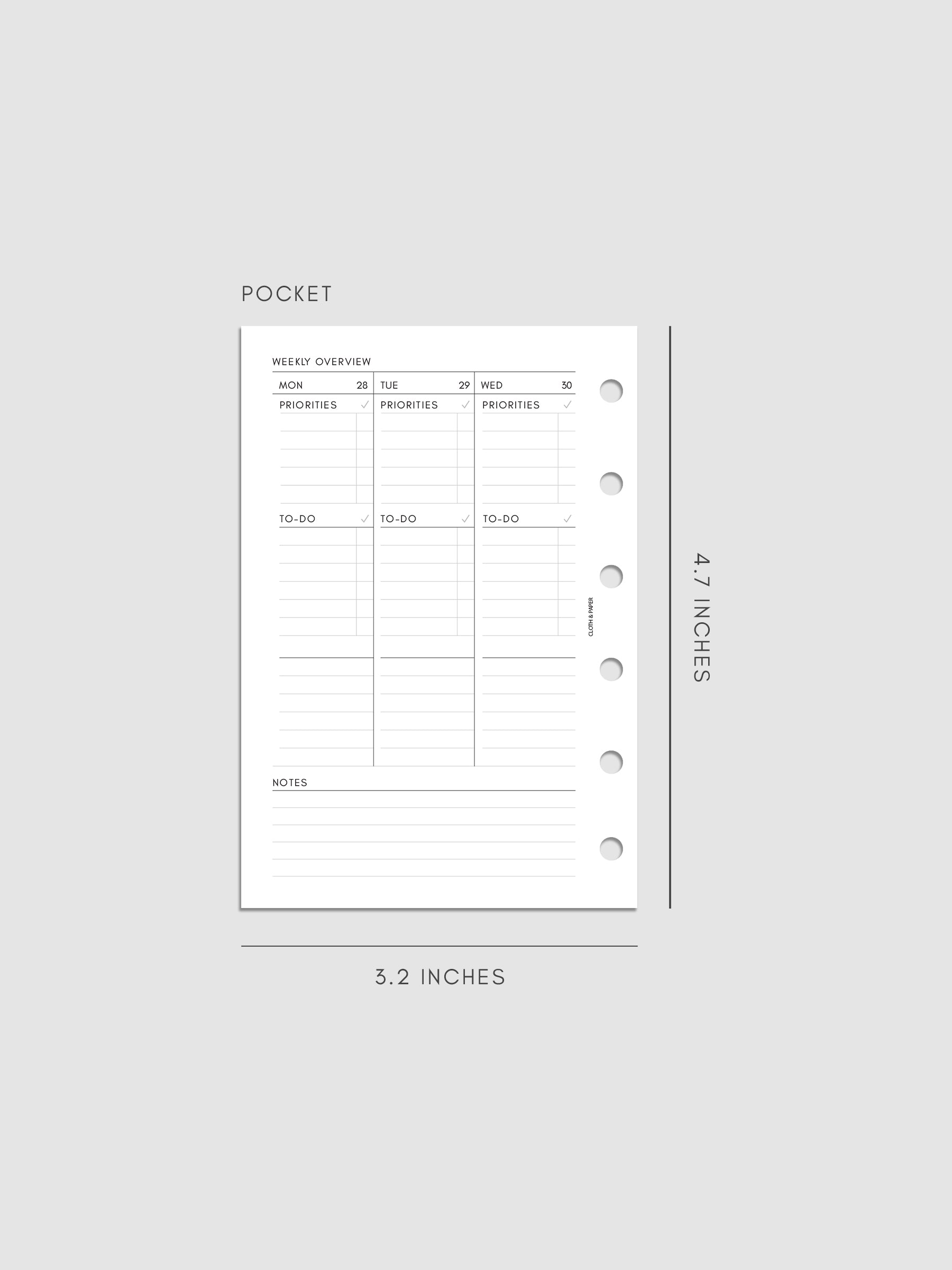 2027 Dated Weekly Task Planner Inserts, Monday Start, Pocket 6-Ring Punch, left page of weekly spread showing vertical columns for Monday through Wednesday with labeled priorities, to-do, and open notes sections