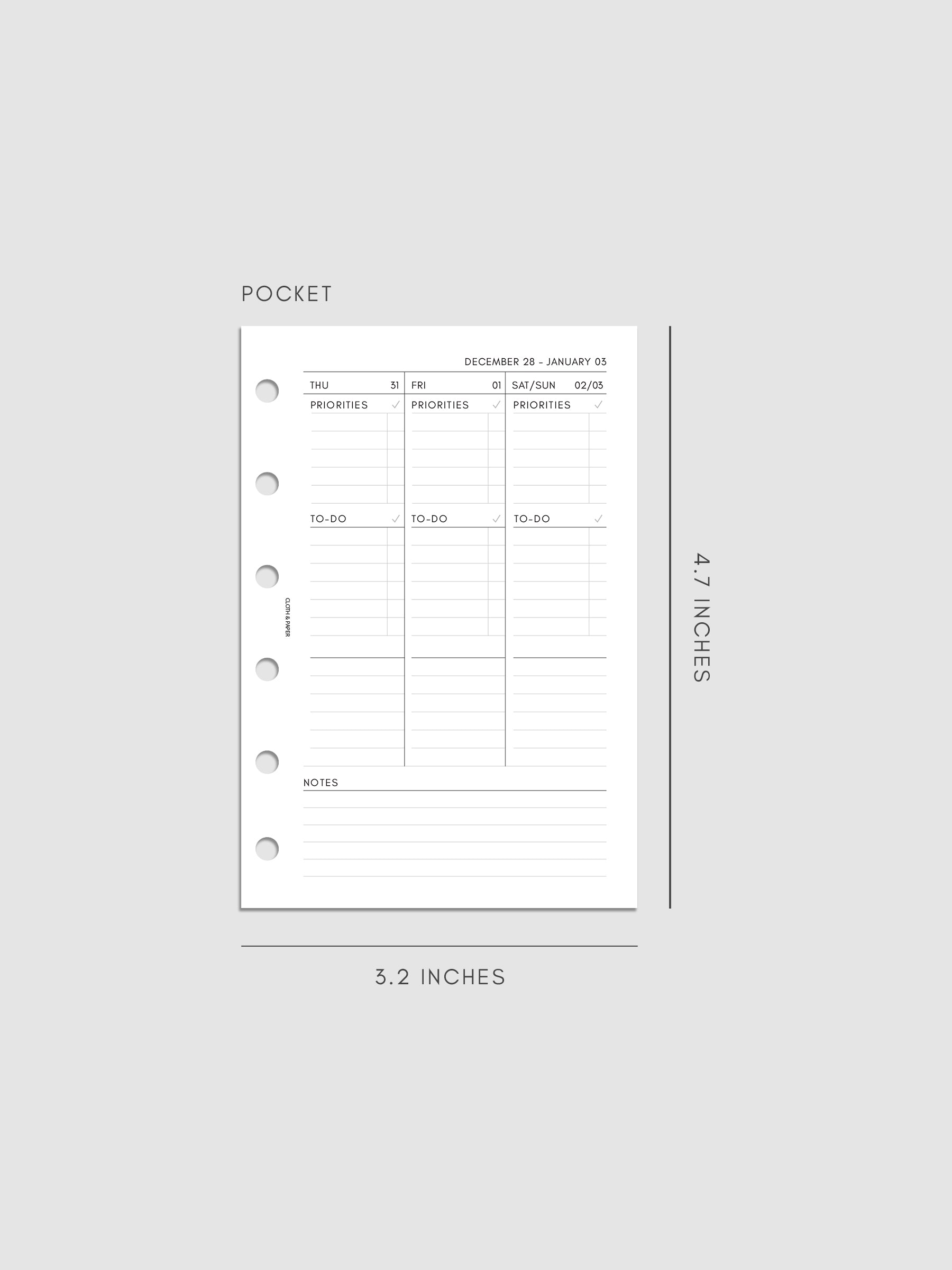 2027 Dated Weekly Task Planner Inserts, Monday Start, Pocket 6-Ring Punch, right page of weekly spread showing vertical columns for Thursday and Friday alongside a combined Saturday and Sunday column, with labeled priorities, to-do, and open notes sections, and weekly notes section along the bottom