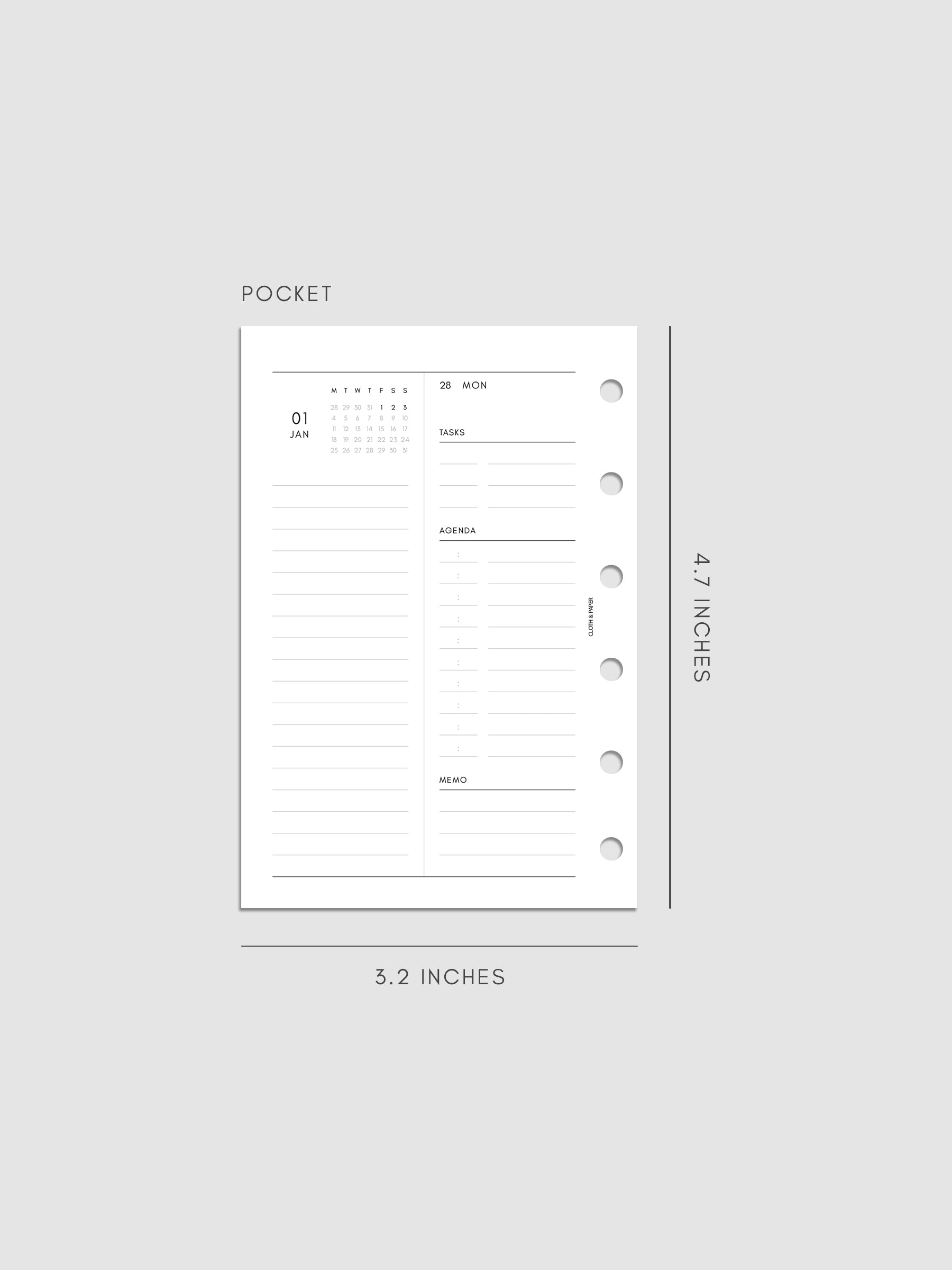 Left page layout of the 2027 Dated Daily Inserts | Monday Start in size Pocket 6-Ring Punch
