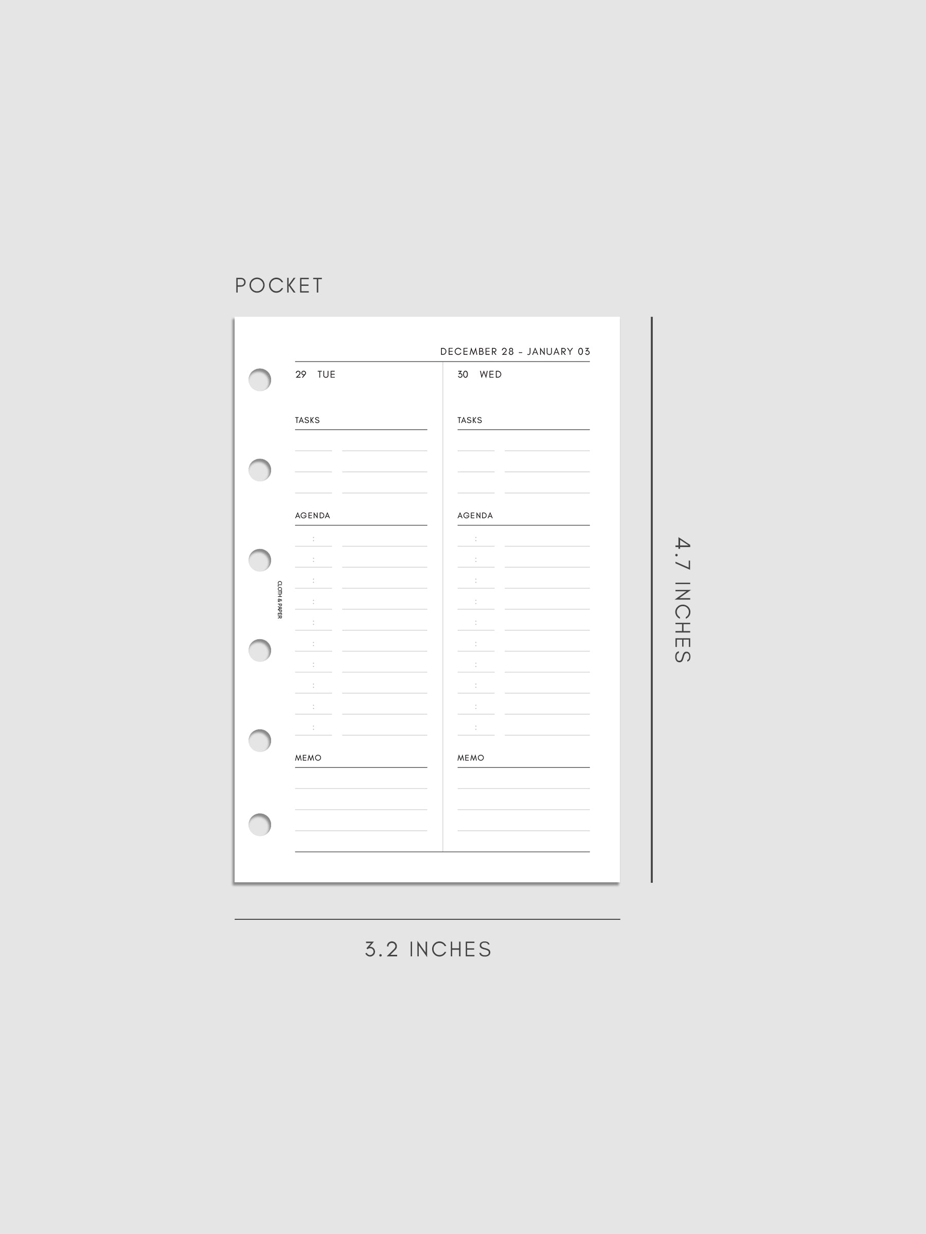 Right page layout of the 2027 Dated Daily Inserts | Monday Start in size Pocket 6-Ring Punch