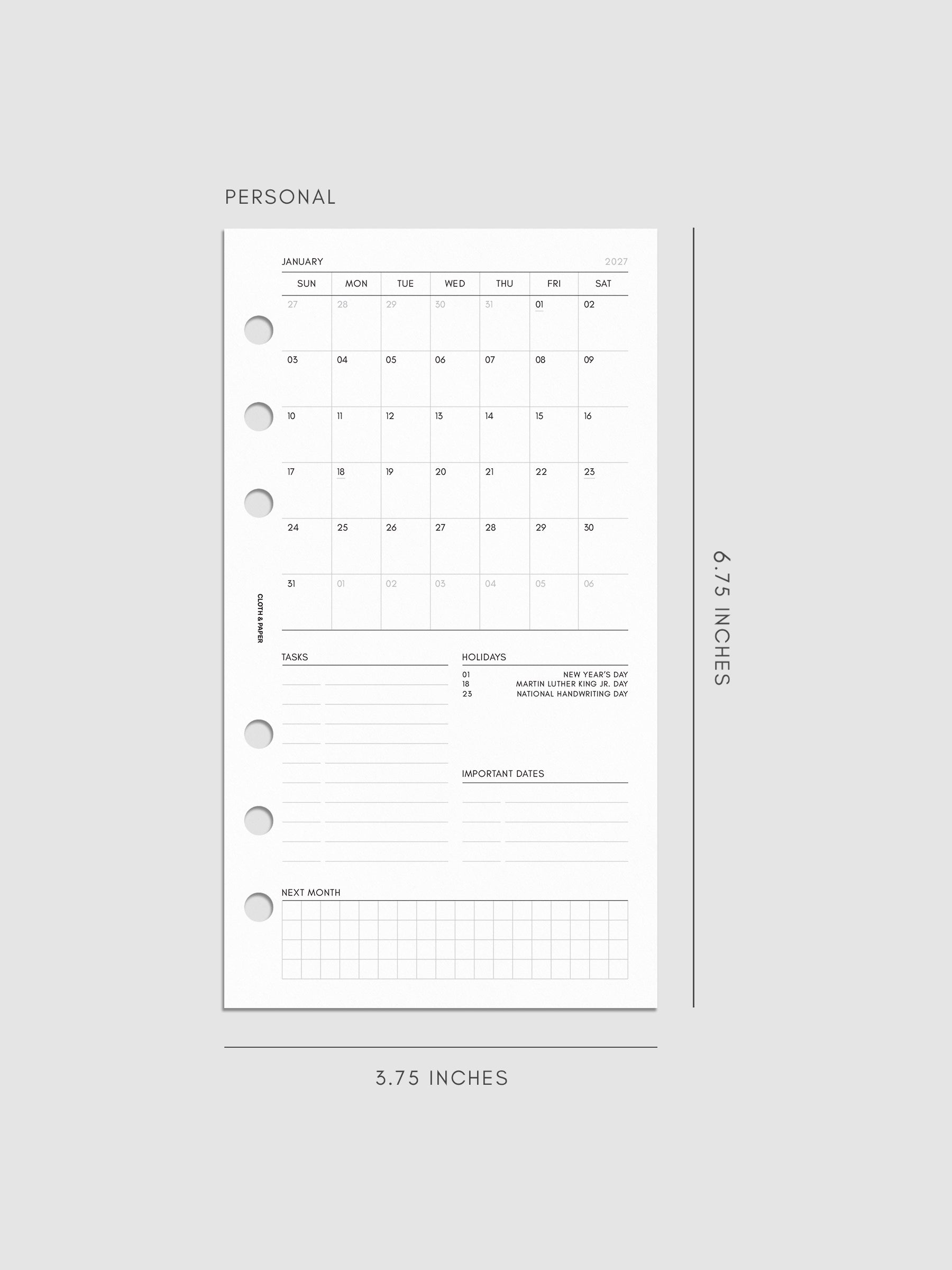 2027 Dated Monthly Admin Inserts in Personal 6-Ring Punch size, shown as a styled flat lay mockup.