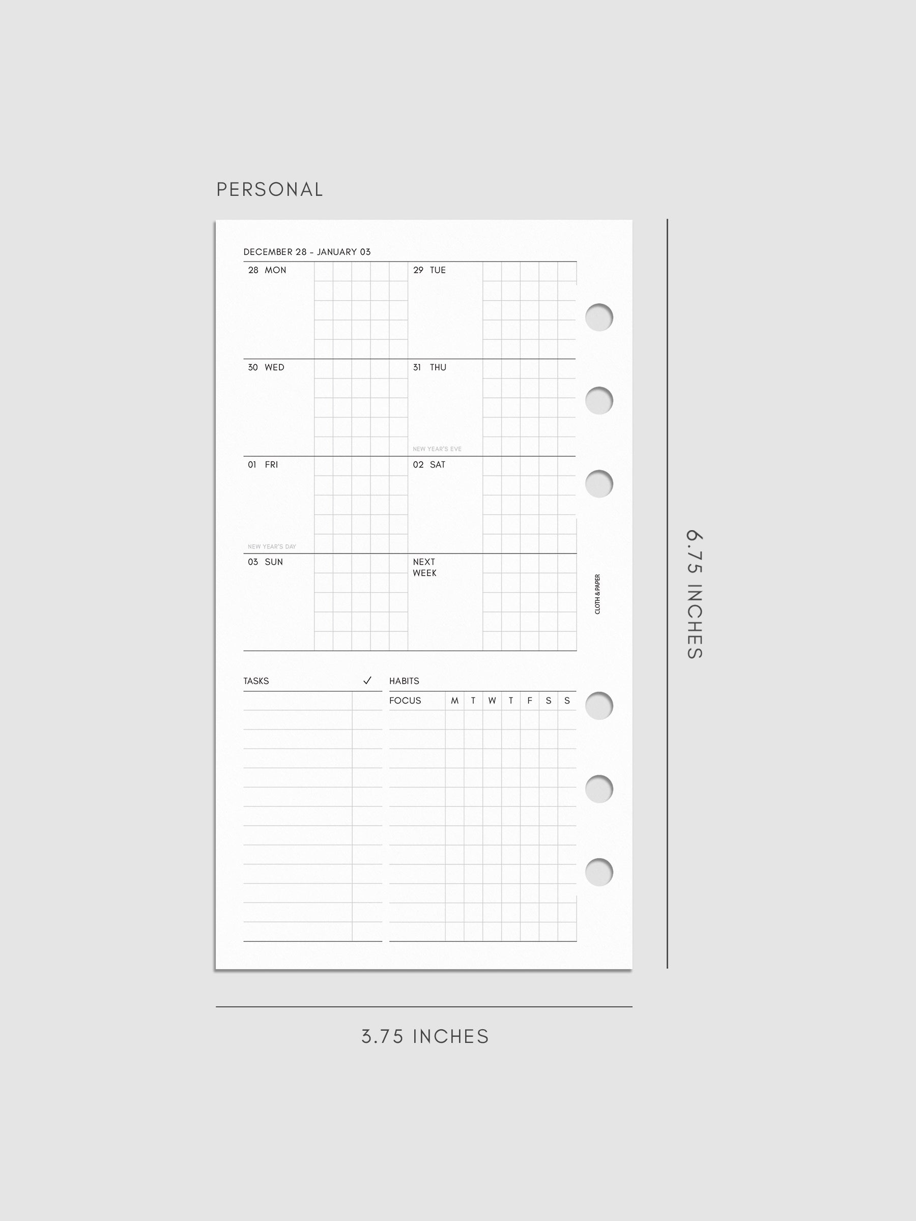 Digital mockup of the left page of the 2027 Dated Weekly Admin insert in Personal 6-Ring Punch size, showing the weekly overview with sections for tasks and habit tracking