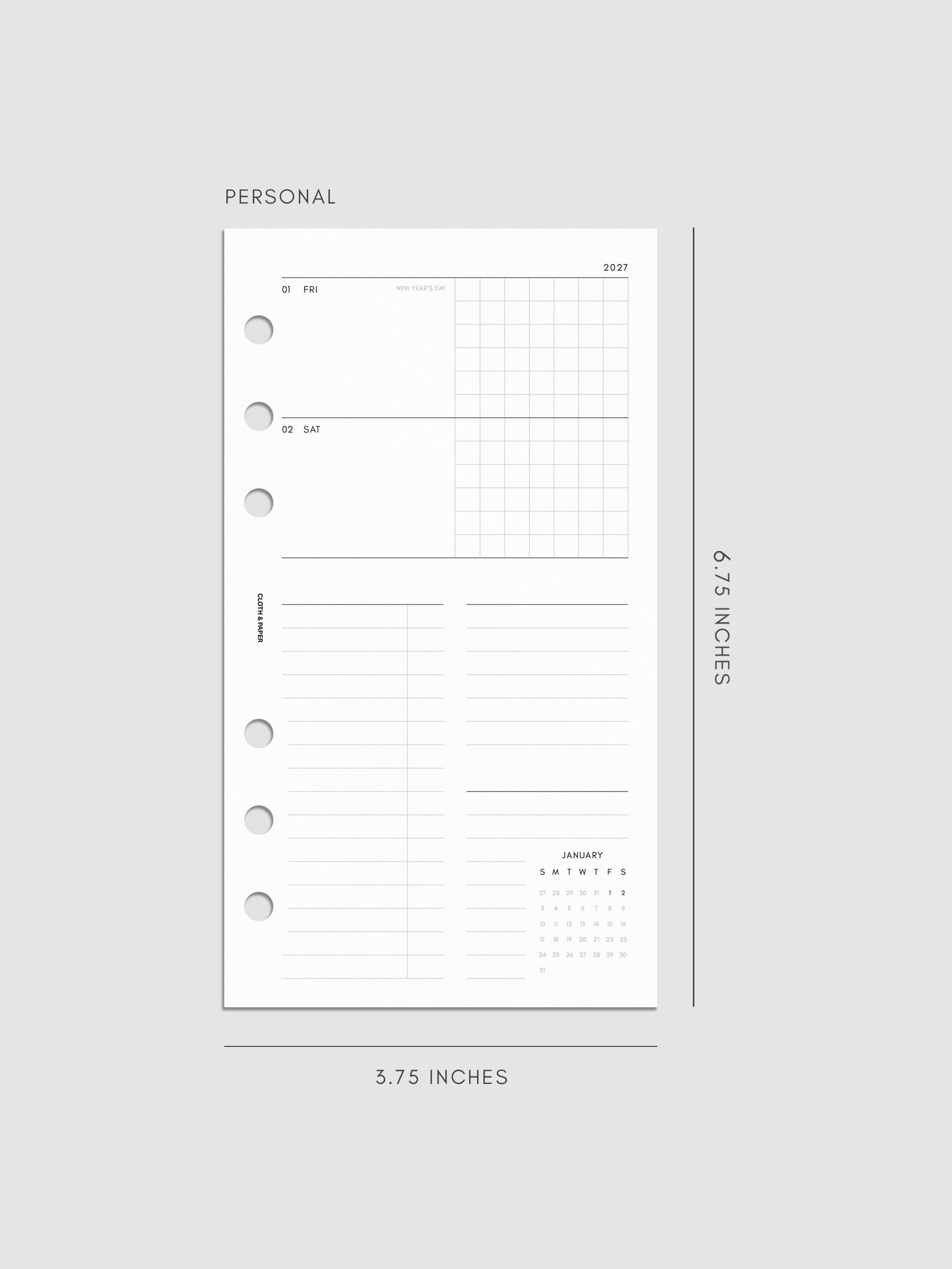 Mockup of the 2027 Dated Weekly Horizontal Planner Inserts | Sunday Start right page shown in size Personal 6-Ring Punch