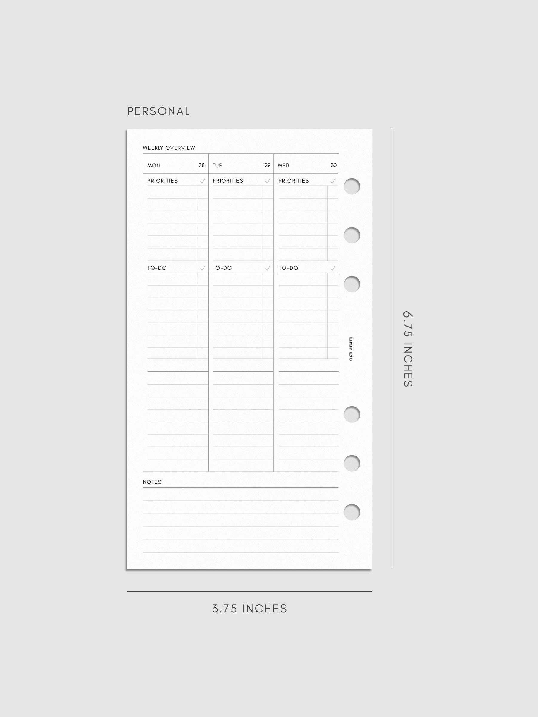 2027 Dated Weekly Task Planner Inserts, Monday Start, Personal 6-Ring Punch, left page of weekly spread showing vertical columns for Monday through Wednesday with labeled priorities, to-do, and open notes sections