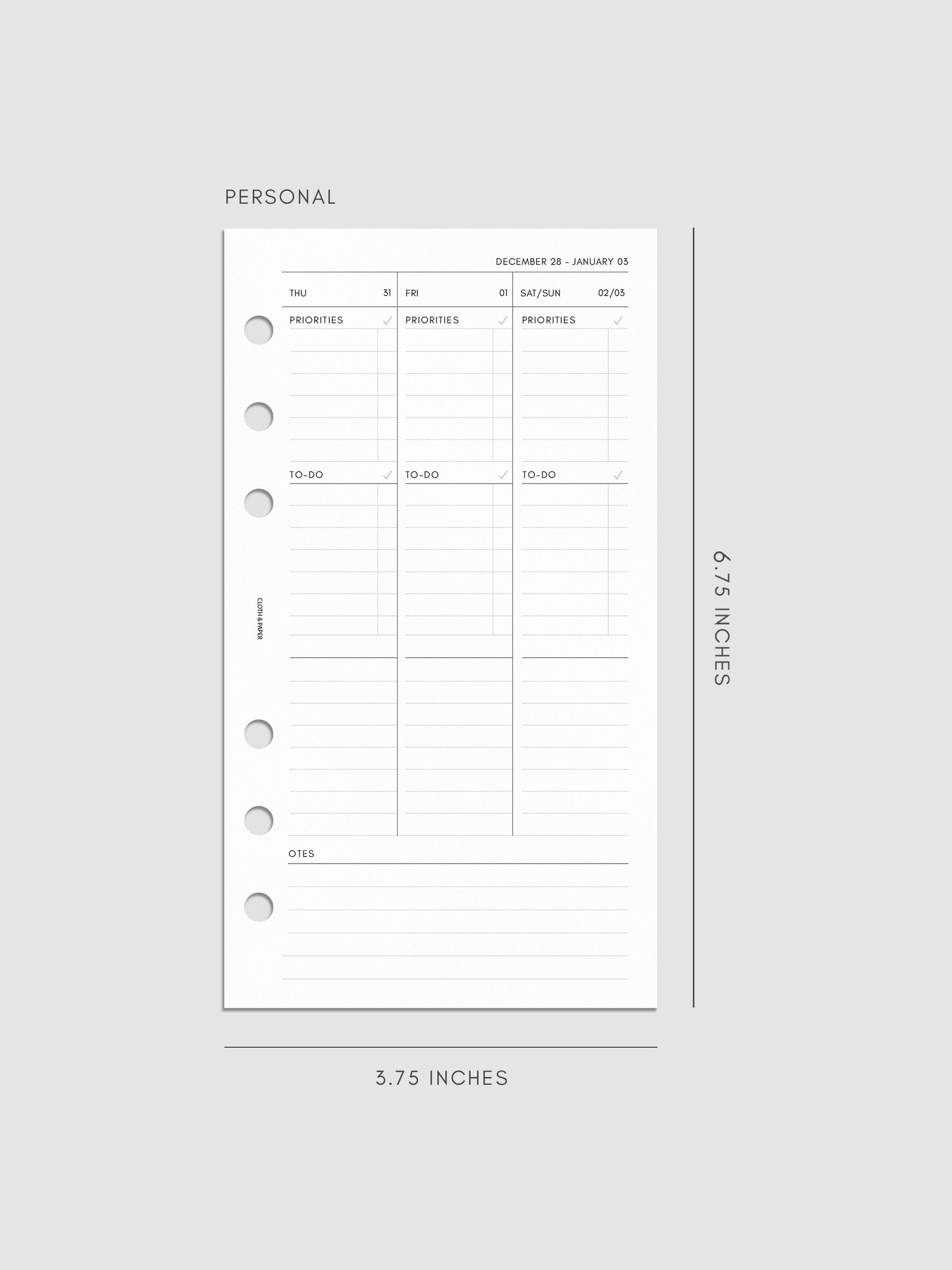 2027 Dated Weekly Task Planner Inserts, Monday Start, Personal 6-Ring Punch, right page of weekly spread showing vertical columns for Thursday and Friday alongside a combined Saturday and Sunday column, with labeled priorities, to-do, and open notes sections, and weekly notes section along the bottom
