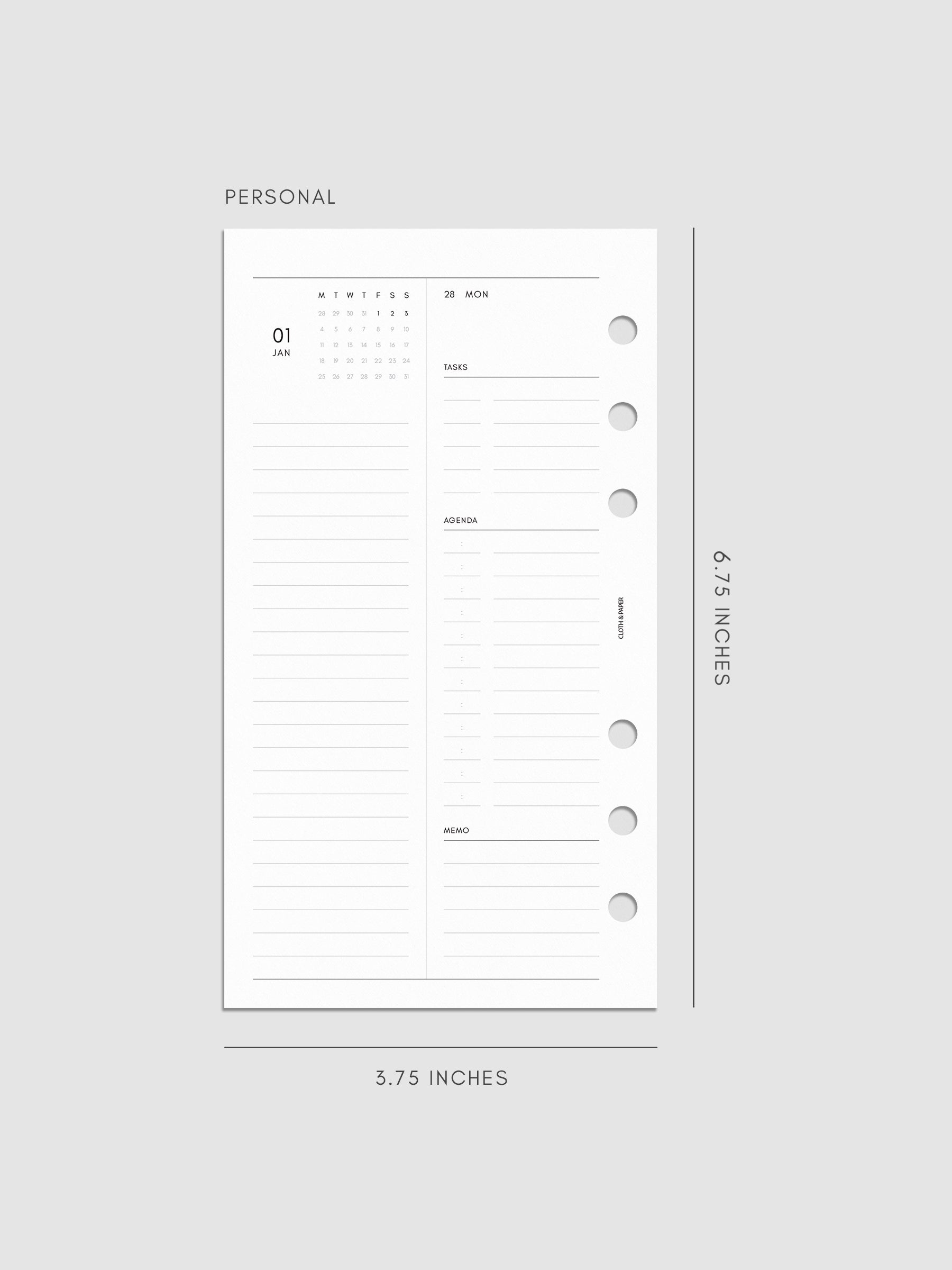 Left page layout of the 2027 Dated Daily Inserts | Monday Start in size Personal 6-Ring Punch