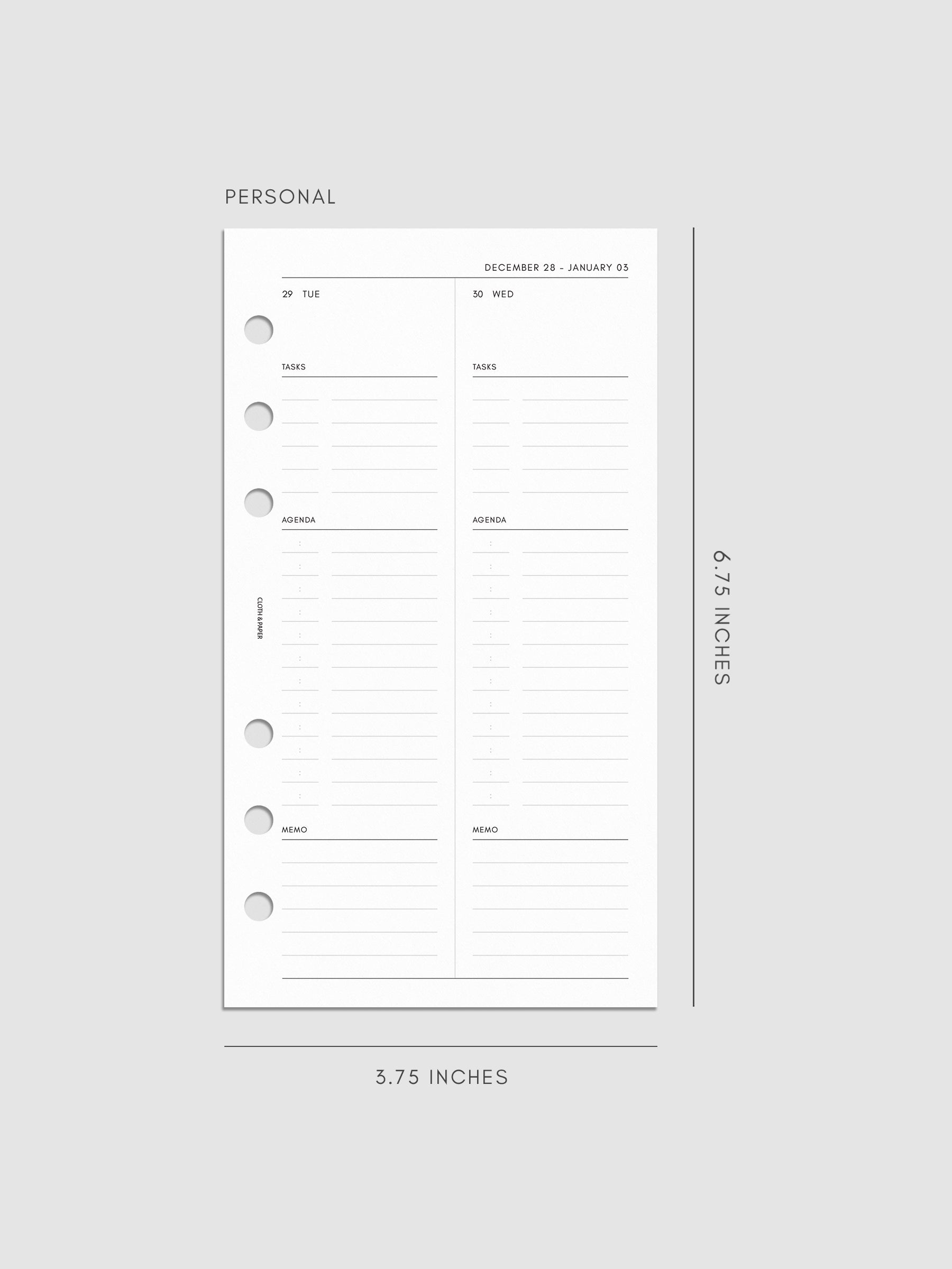 Right page layout of the 2027 Dated Daily Inserts | Monday Start in size Personal 6-Ring Punch