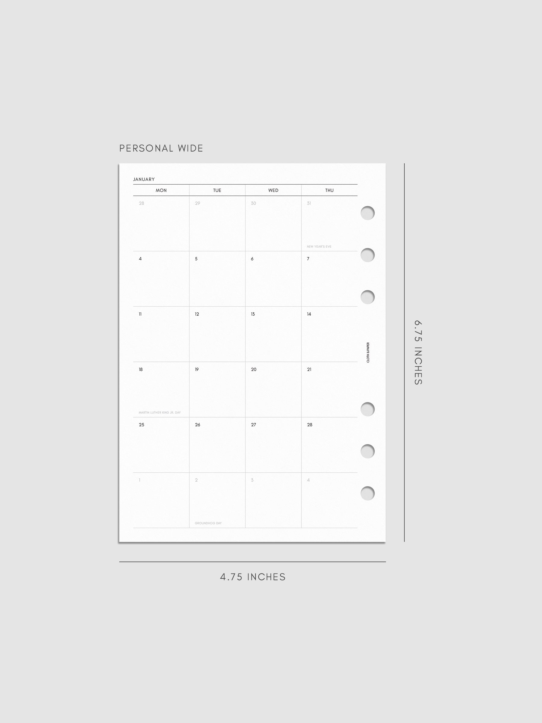 2027 Dated Monthly Planner Inserts, Monday Start, Personal Wide 6-Ring Punch, left page of two-page monthly calendar spread with Monday start shown inside a planner