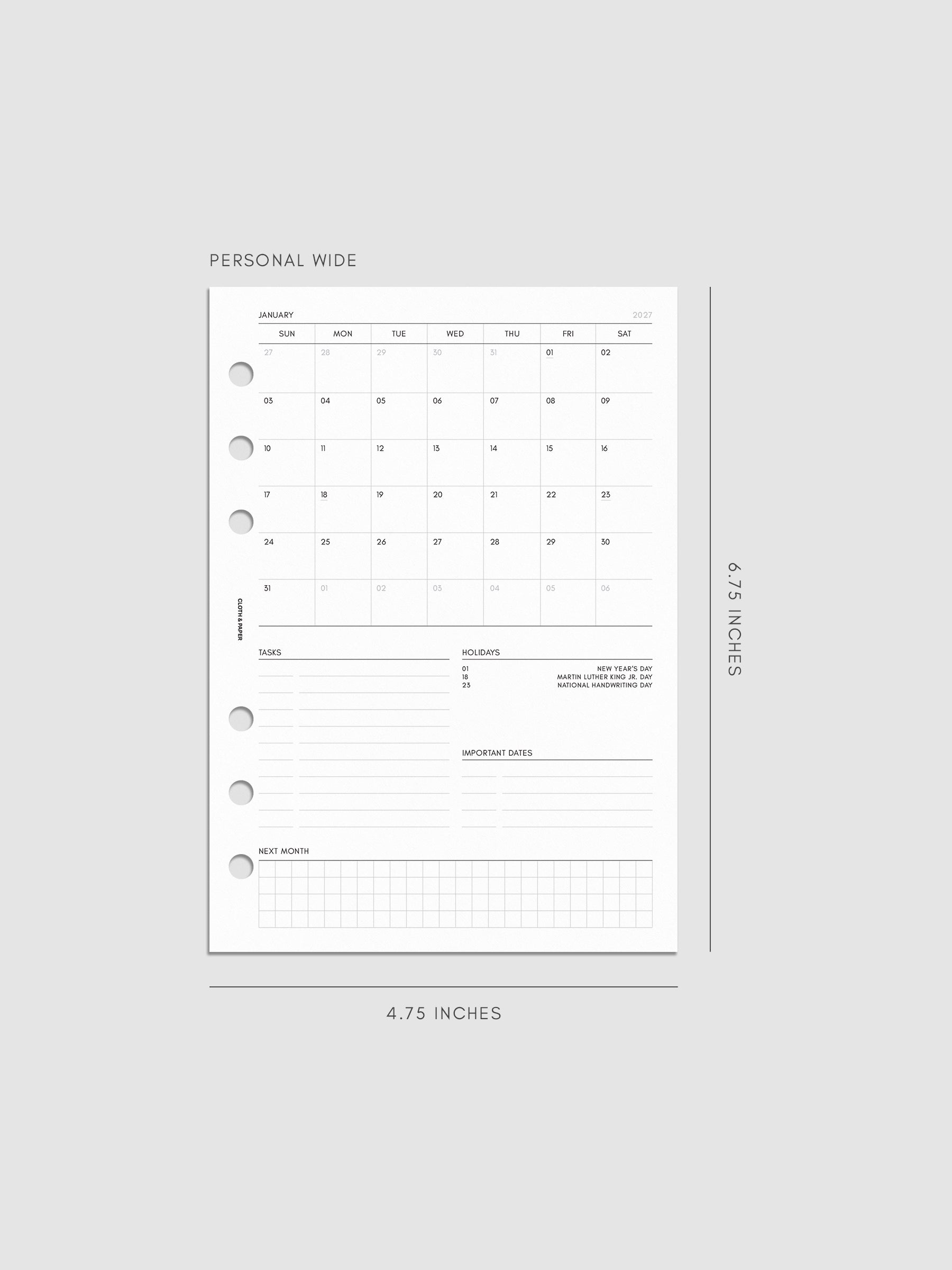 2027 Dated Monthly Admin Inserts in Personal Wide 6-Ring Punch size, shown as a styled flat lay mockup.