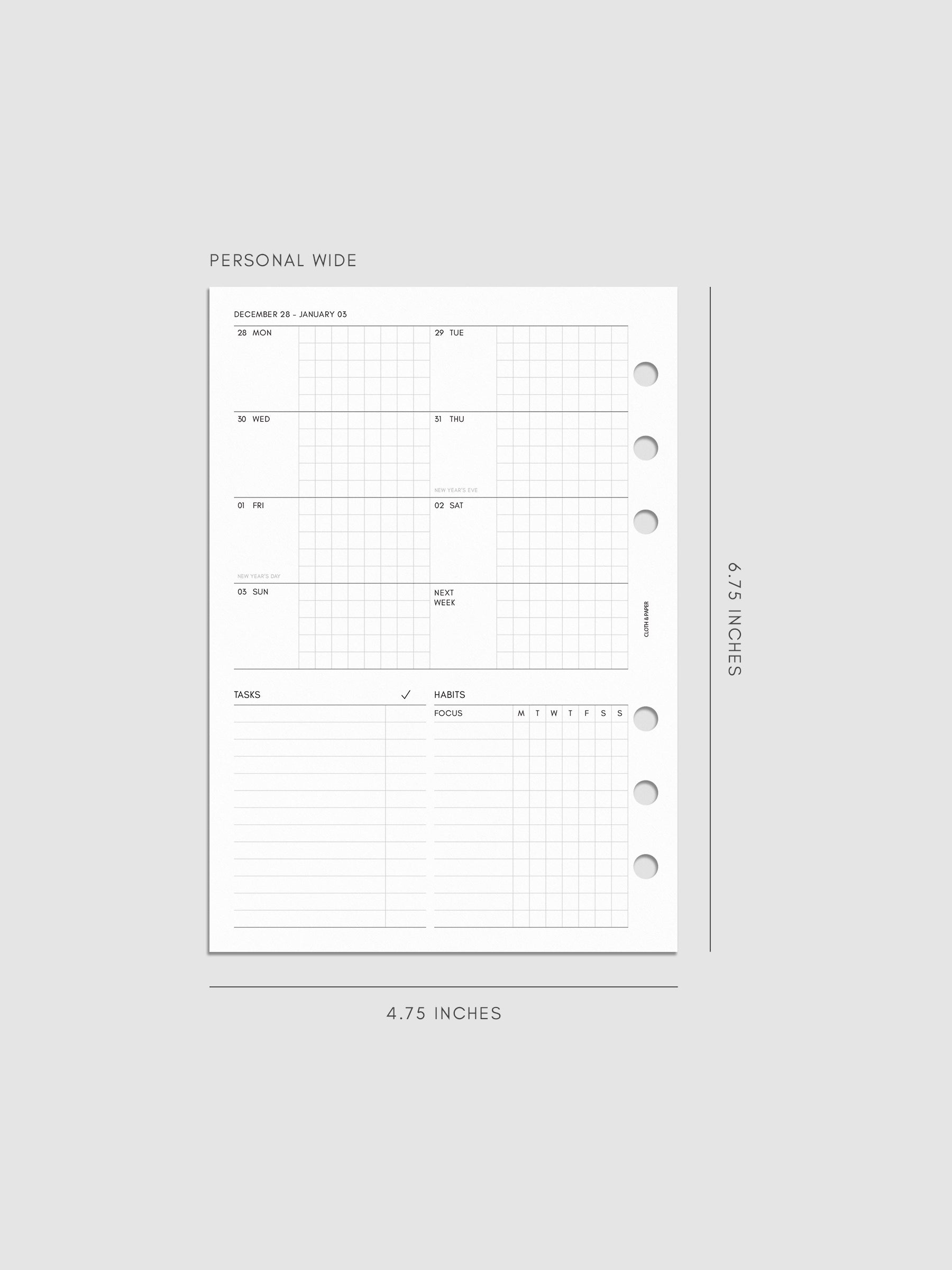 Digital mockup of the left page of the 2027 Dated Weekly Admin insert in Personal Wide 6-Ring Punch size, showing the weekly overview with sections for tasks and habit tracking
