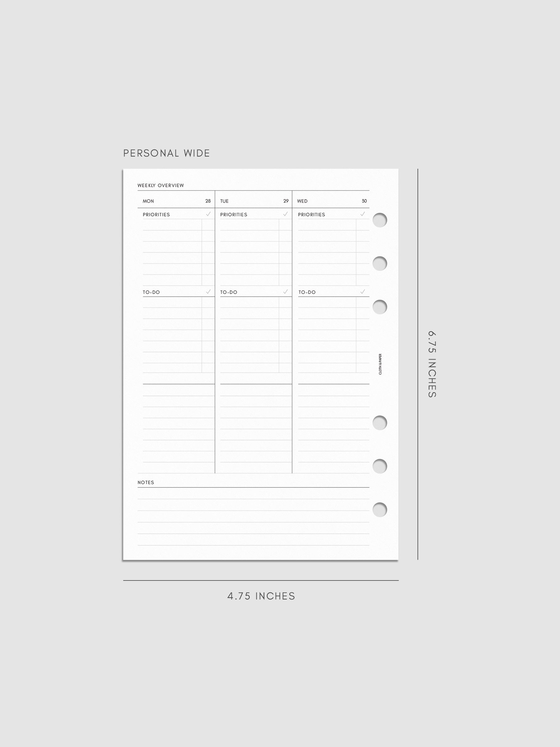 2027 Dated Weekly Task Planner Inserts, Monday Start, Personal Wide 6-Ring Punch, left page of weekly spread showing vertical columns for Monday through Wednesday with labeled priorities, to-do, and open notes sections