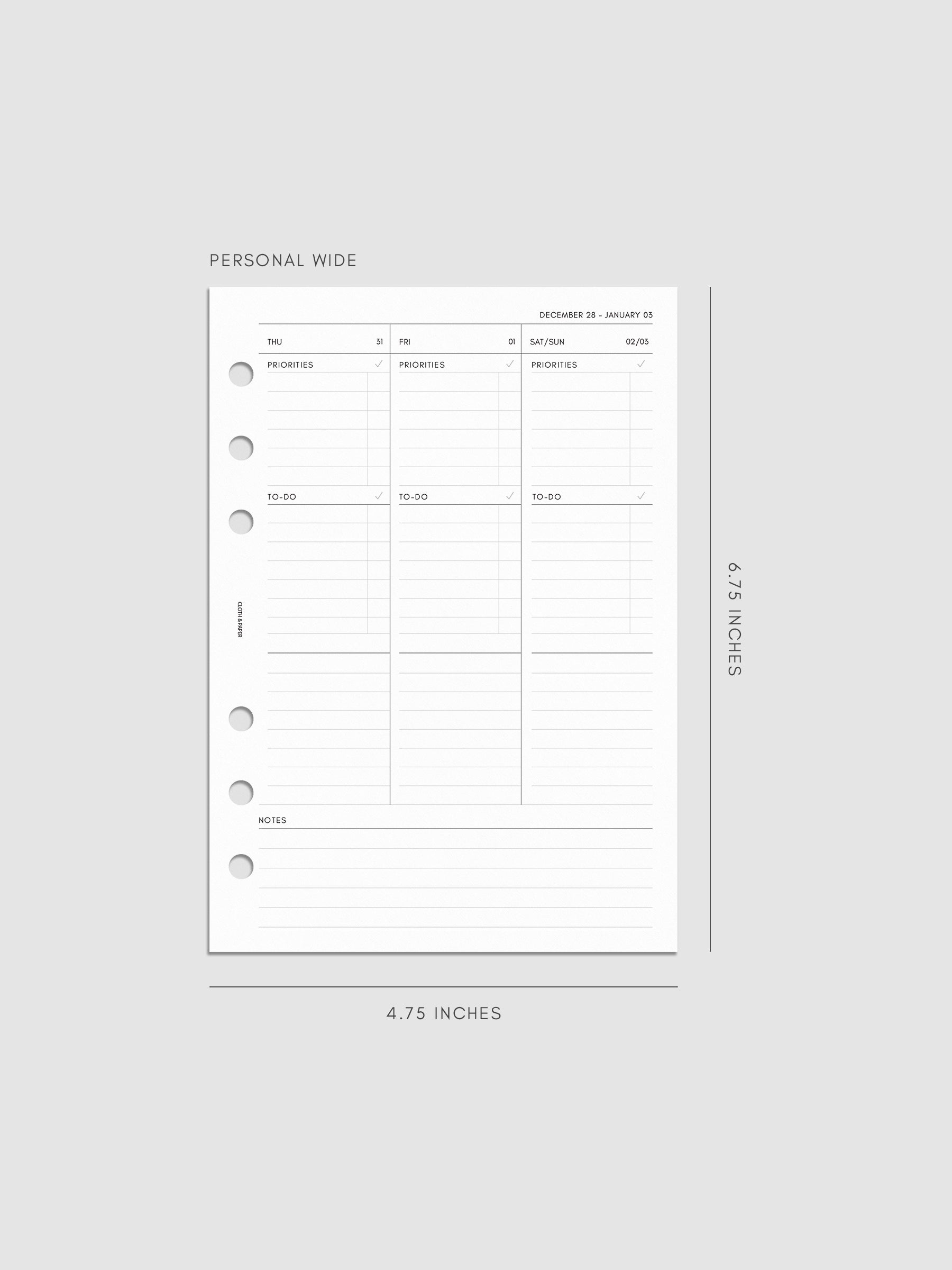 2027 Dated Weekly Task Planner Inserts, Monday Start, Personal Wide 6-Ring Punch, right page of weekly spread showing vertical columns for Thursday and Friday alongside a combined Saturday and Sunday column, with labeled priorities, to-do, and open notes sections, and weekly notes section along the bottom