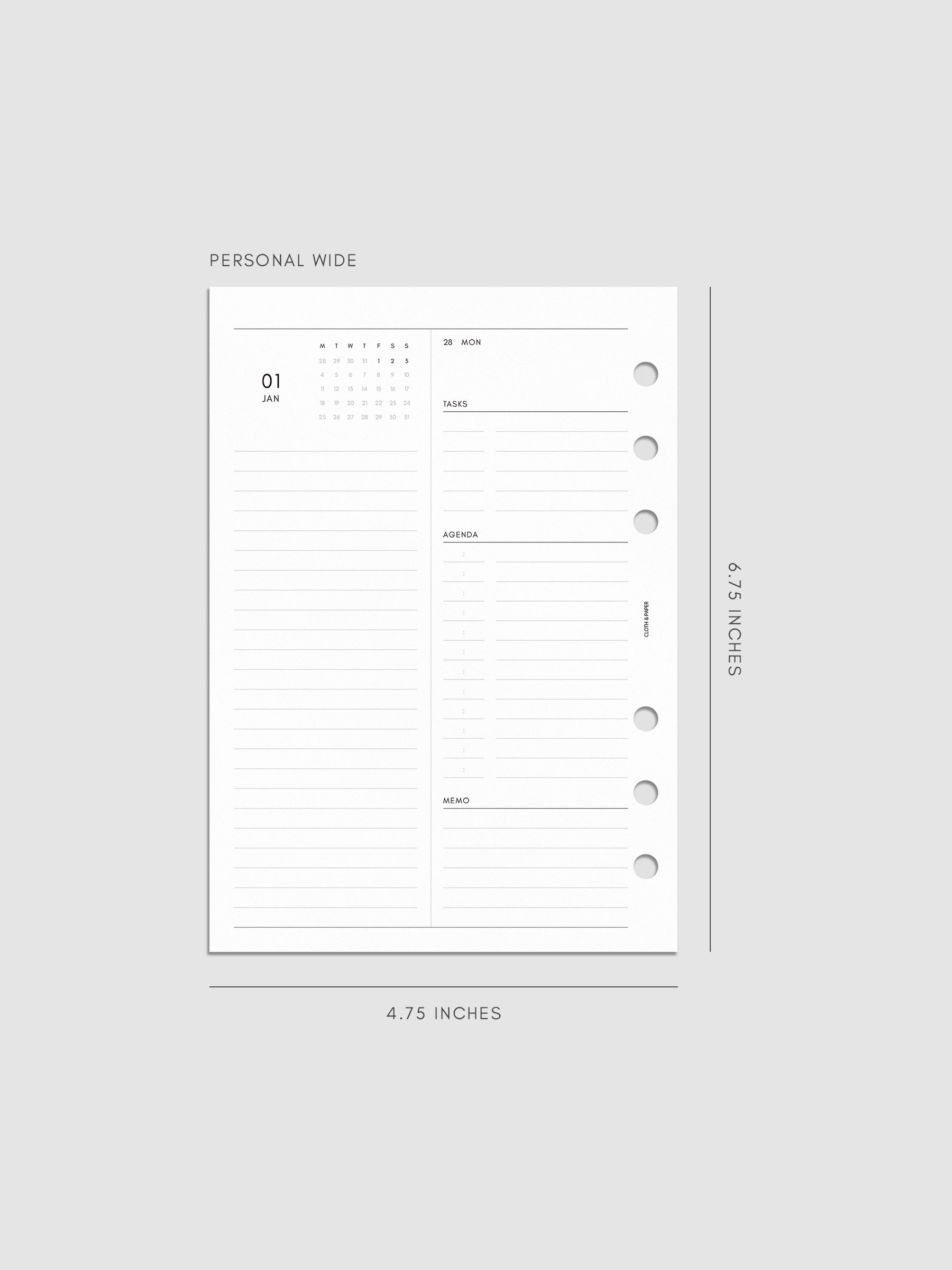 Left page layout of the 2027 Dated Daily Inserts | Monday Start in size Personal Wide 6-Ring Punch