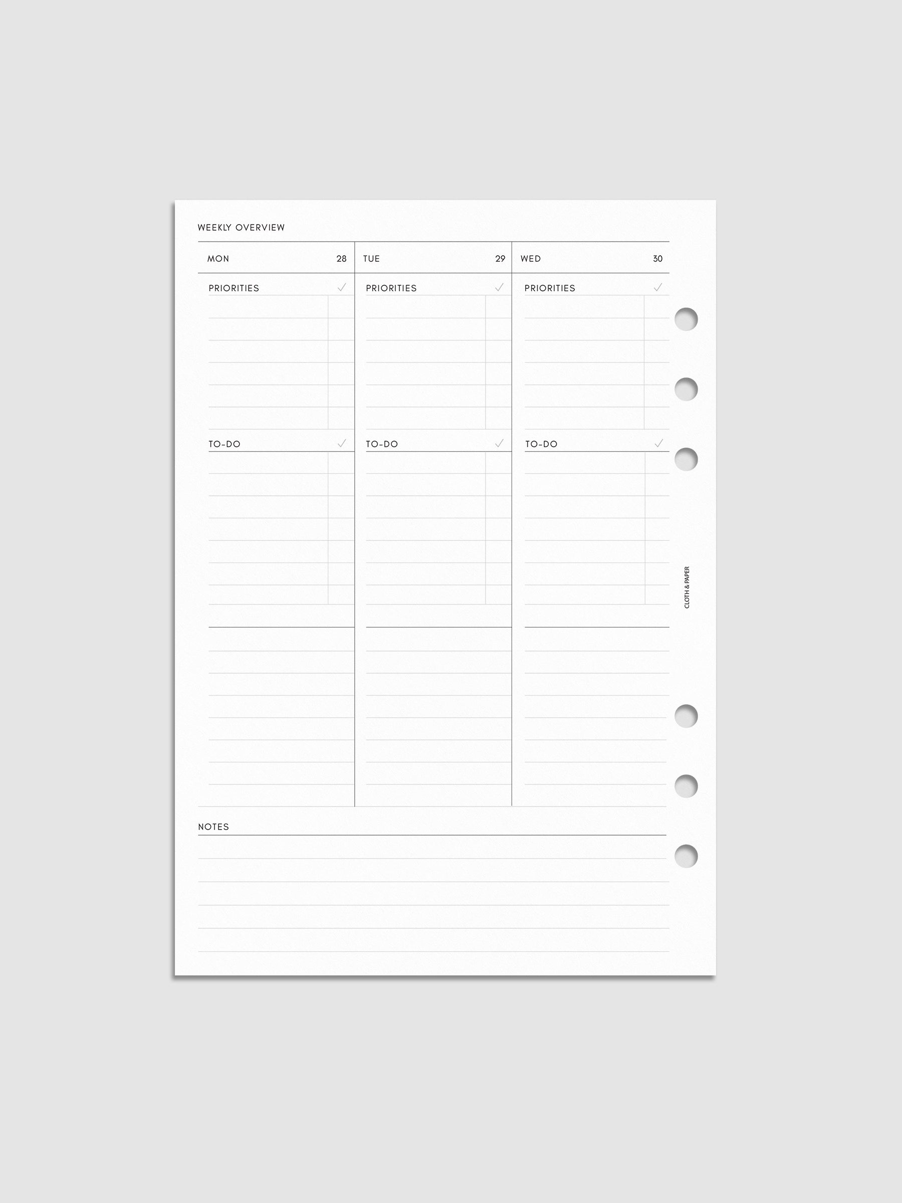 2027 Dated Weekly Task Planner Inserts, Monday Start, A5 6-Ring Punch, left page of weekly spread showing vertical columns for Monday through Wednesday with labeled priorities, to-do, and open notes sections