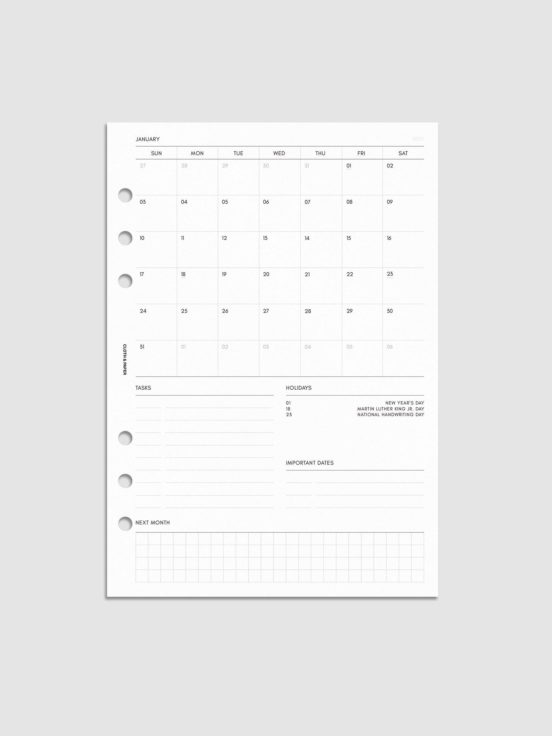 2027 Dated Monthly Admin Inserts in A5 6-Ring Punch size, shown as a styled flat lay mockup.
