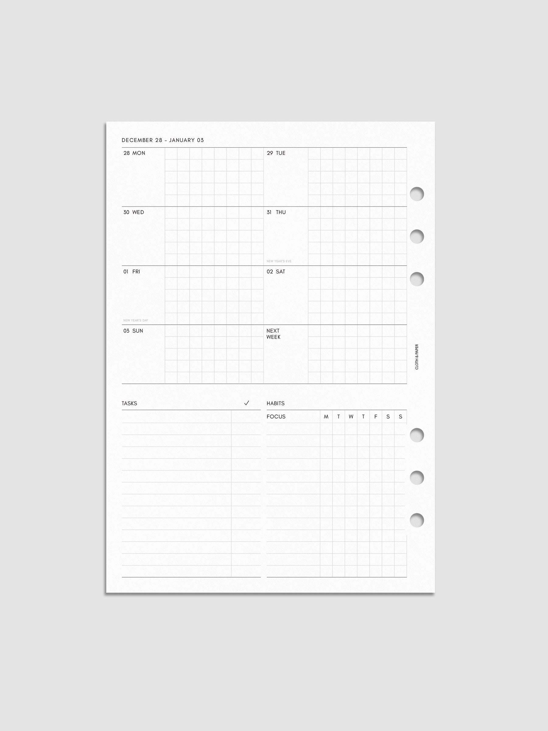 Digital mockup of the left page of the 2027 Dated Weekly Admin insert in A5 6-Ring Punch size, showing the weekly overview with sections for tasks and habit tracking
