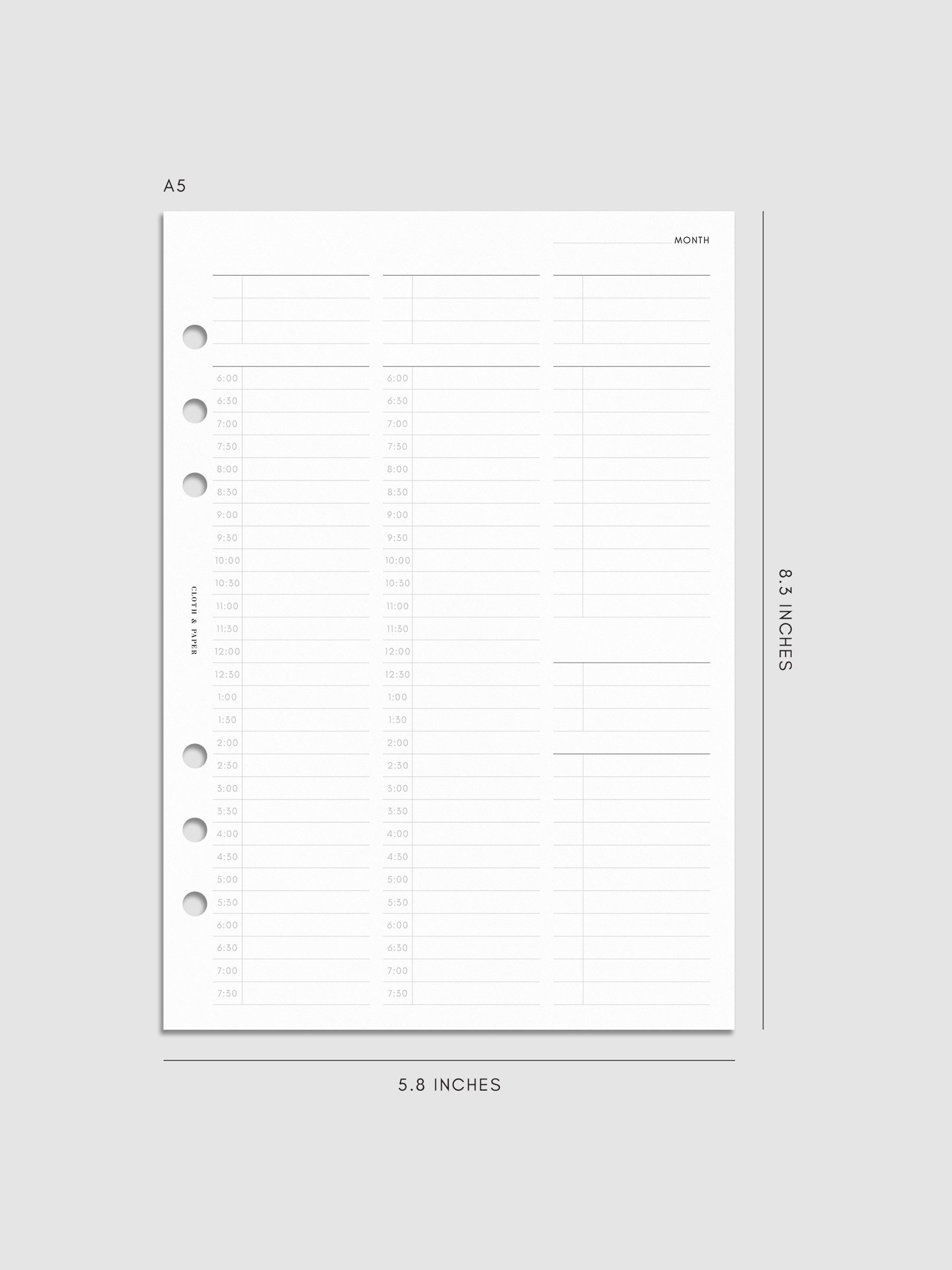 30 Minute Time Block Planner Inserts in size A5.