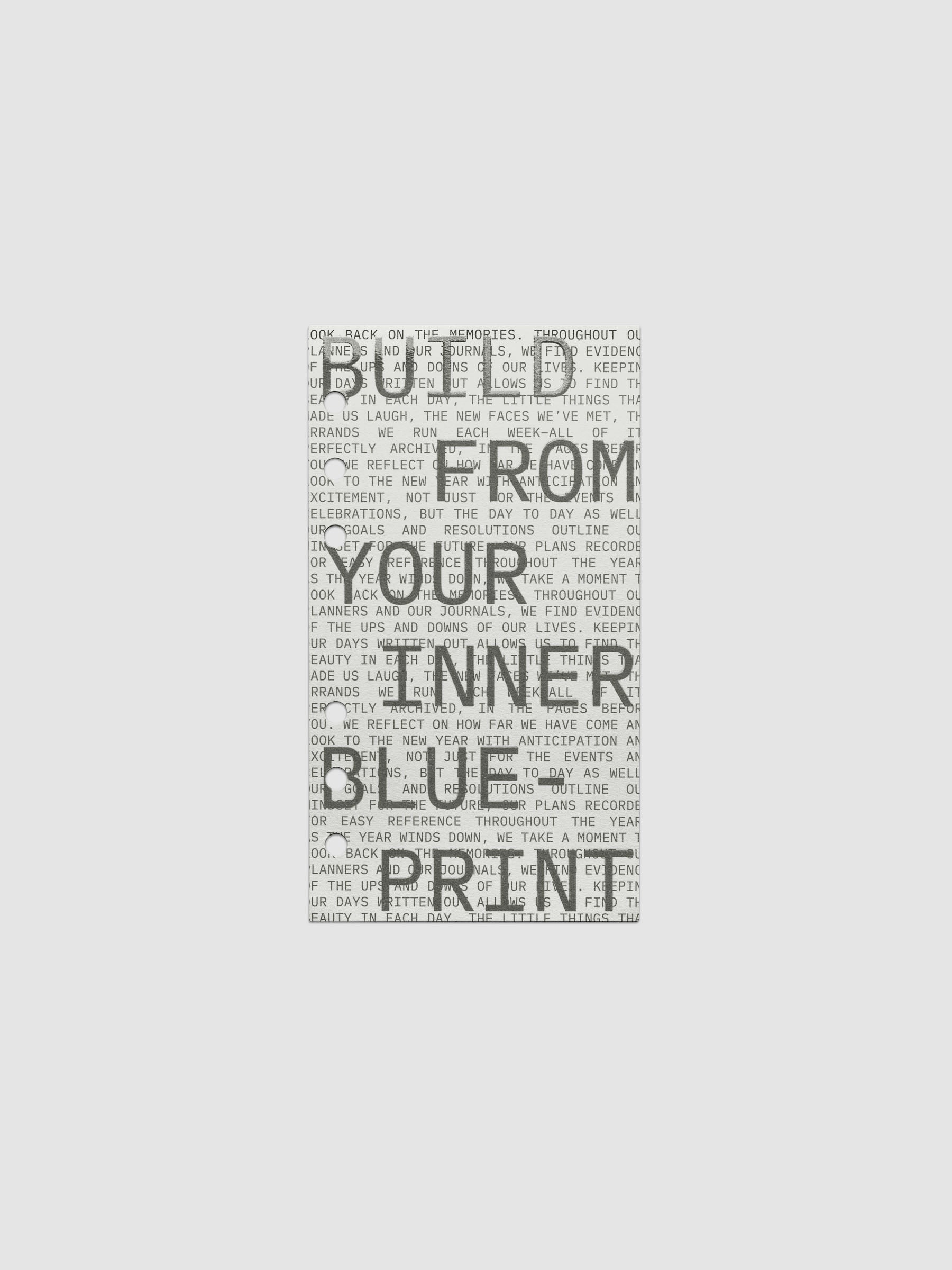 Cardstock dashboard with text design reading 'Build from your inner blue-print'. One piece of the Inner Blueprint Dashboard Duo shown in size Personal.