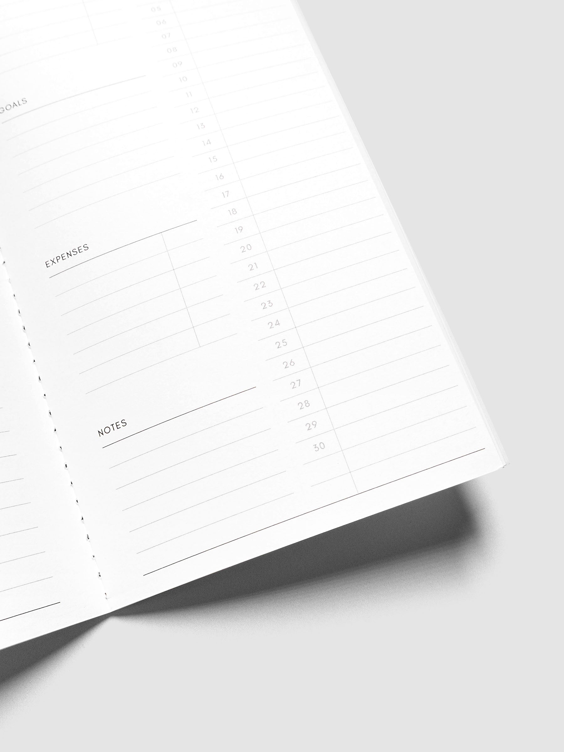 Close-up of the bottom of the right page of the 2027 Dated Travel Notebook Monthly in A5 Slim size, showing the lower days, expenses, and notes sections