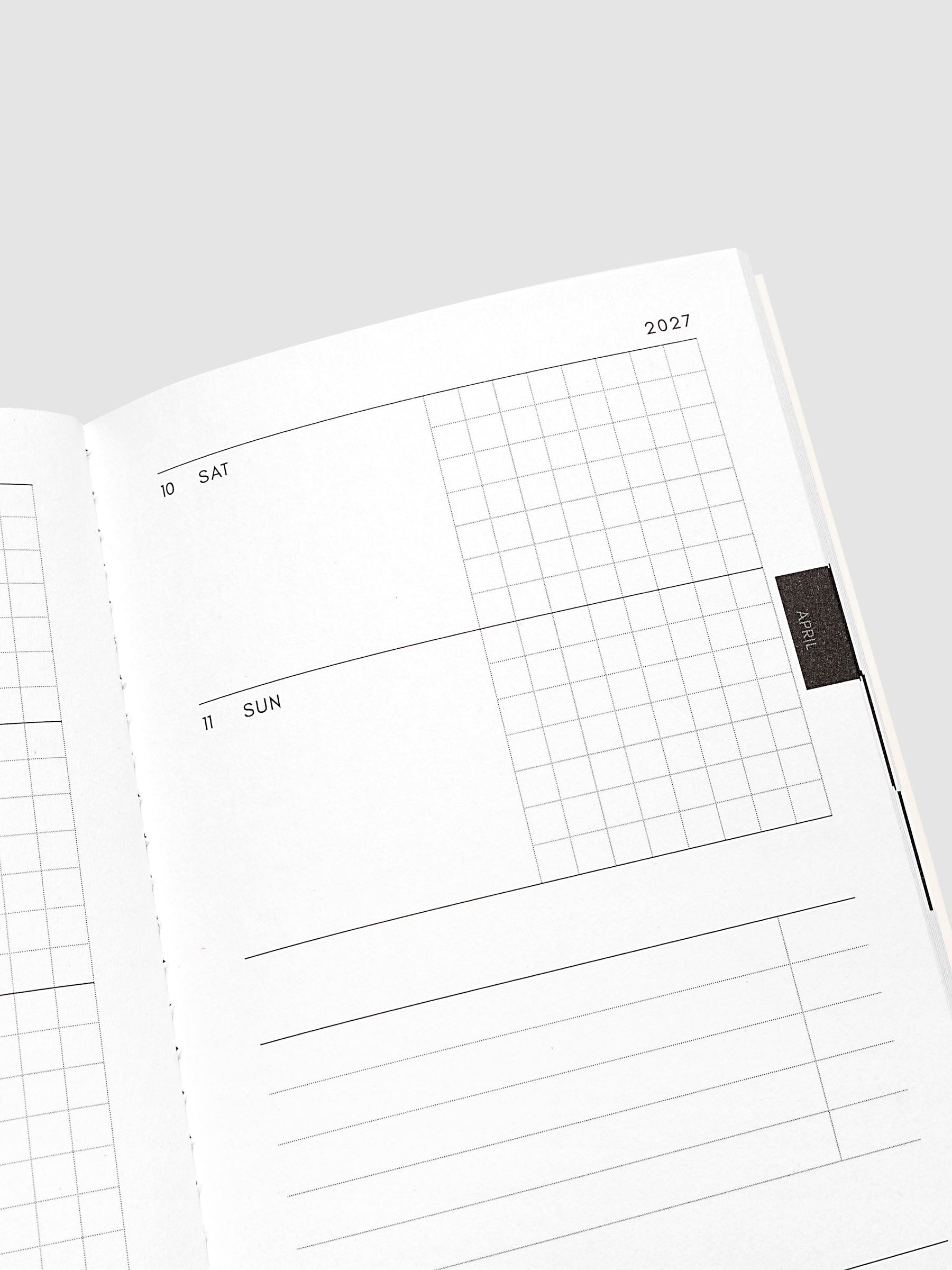 Close-up of the top of the right page of the Jan–Jun 2027 Dated Travel Notebook, showing the weekend dates and task section