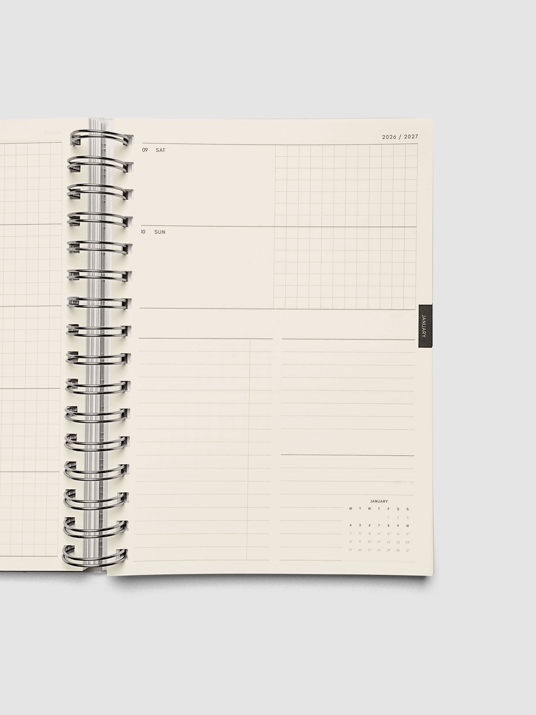 Right page of the horizontal weekly spread showing half-blank, half-graph sections for the remaining days of the week with a mini calendar in the bottom right corner, from the 2026–2027 Weekly Horizontal Academic Planner A5 Spiral