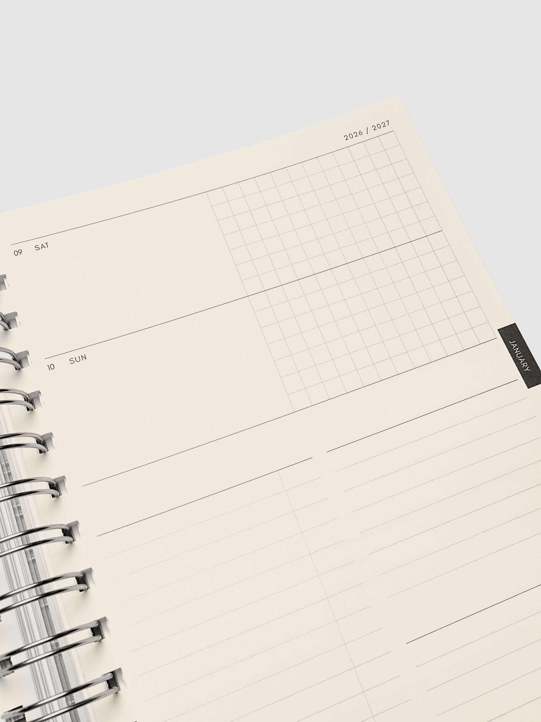 Close-up of the top right of the horizontal weekly spread showing the half-blank, half-graph daily section layout, from the 2026–2027 Weekly Horizontal Academic Planner A5 Spiral