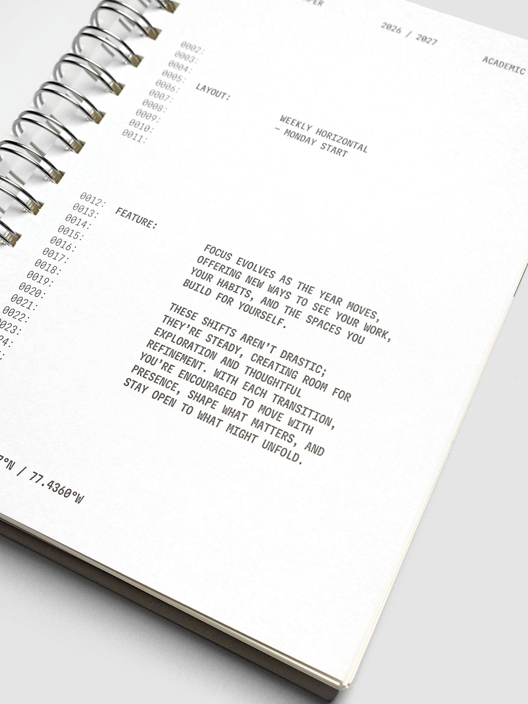 Close-up of the grey cardstock dashboard inside the 2026–2027 Weekly Horizontal Academic Planner A5 Spiral