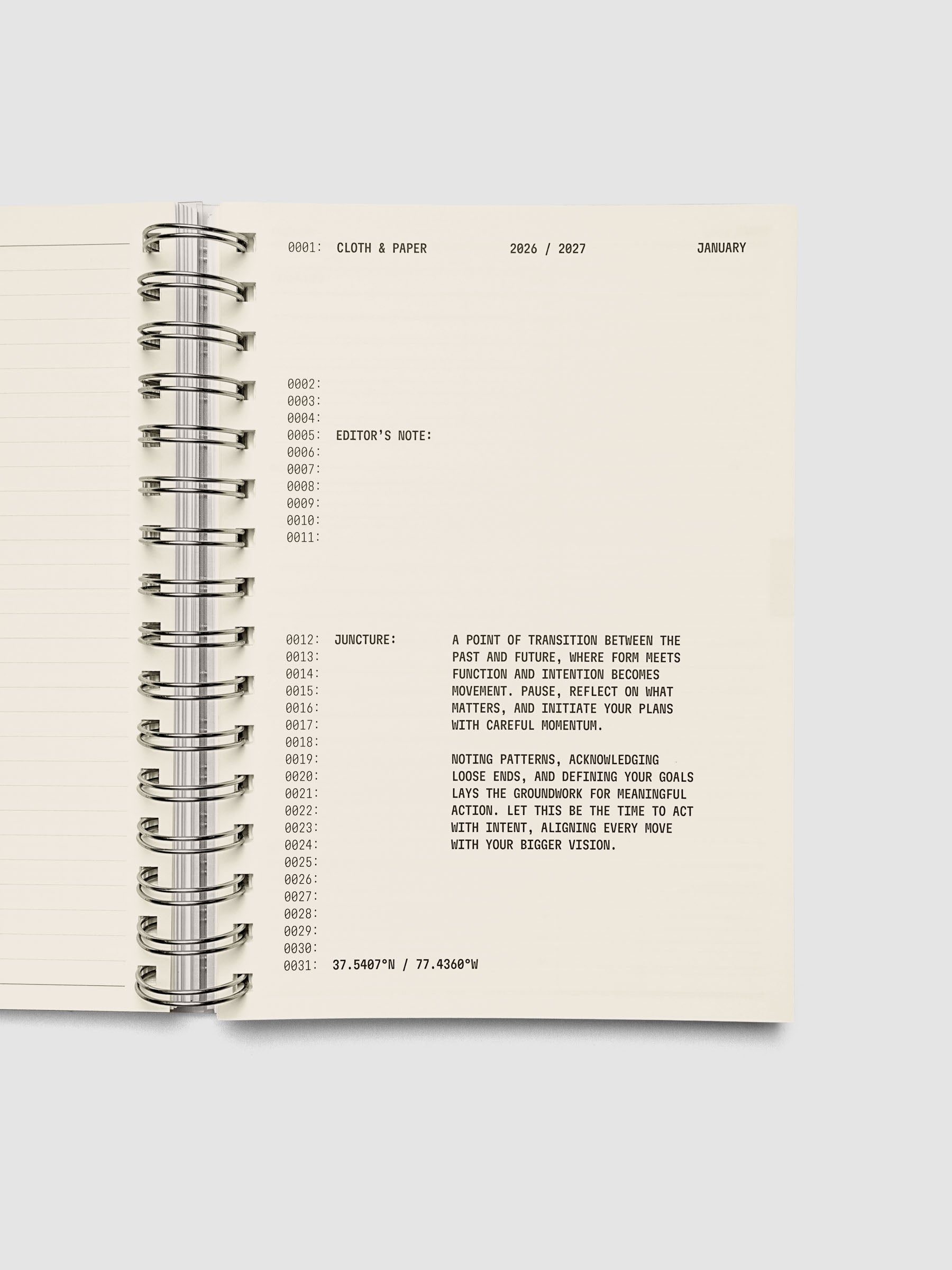 Cream monthly intro page with black typographic design featuring a quote and numerical month detail, from the 2026–2027 Weekly Horizontal Academic Planner A5 Spiral