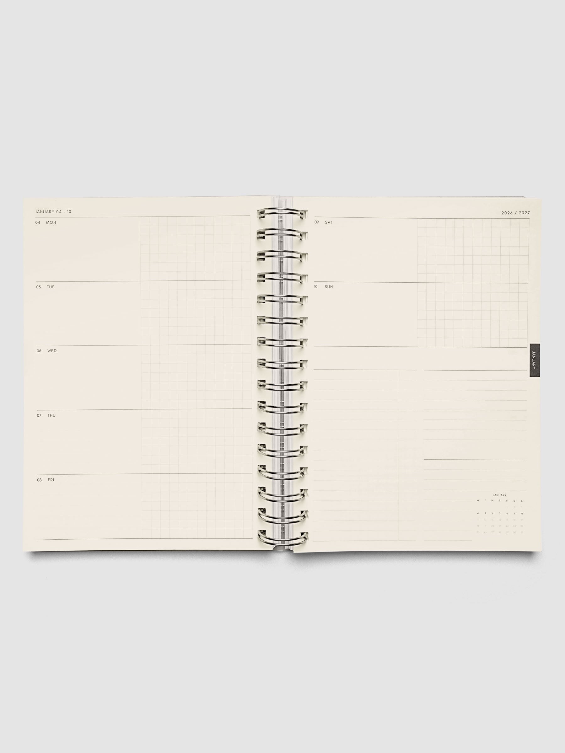 Two-page horizontal weekly spread showing half-blank, half-graph daily sections with to-do and notes columns, from the 2026–2027 Weekly Horizontal Academic Planner A5 Spiral