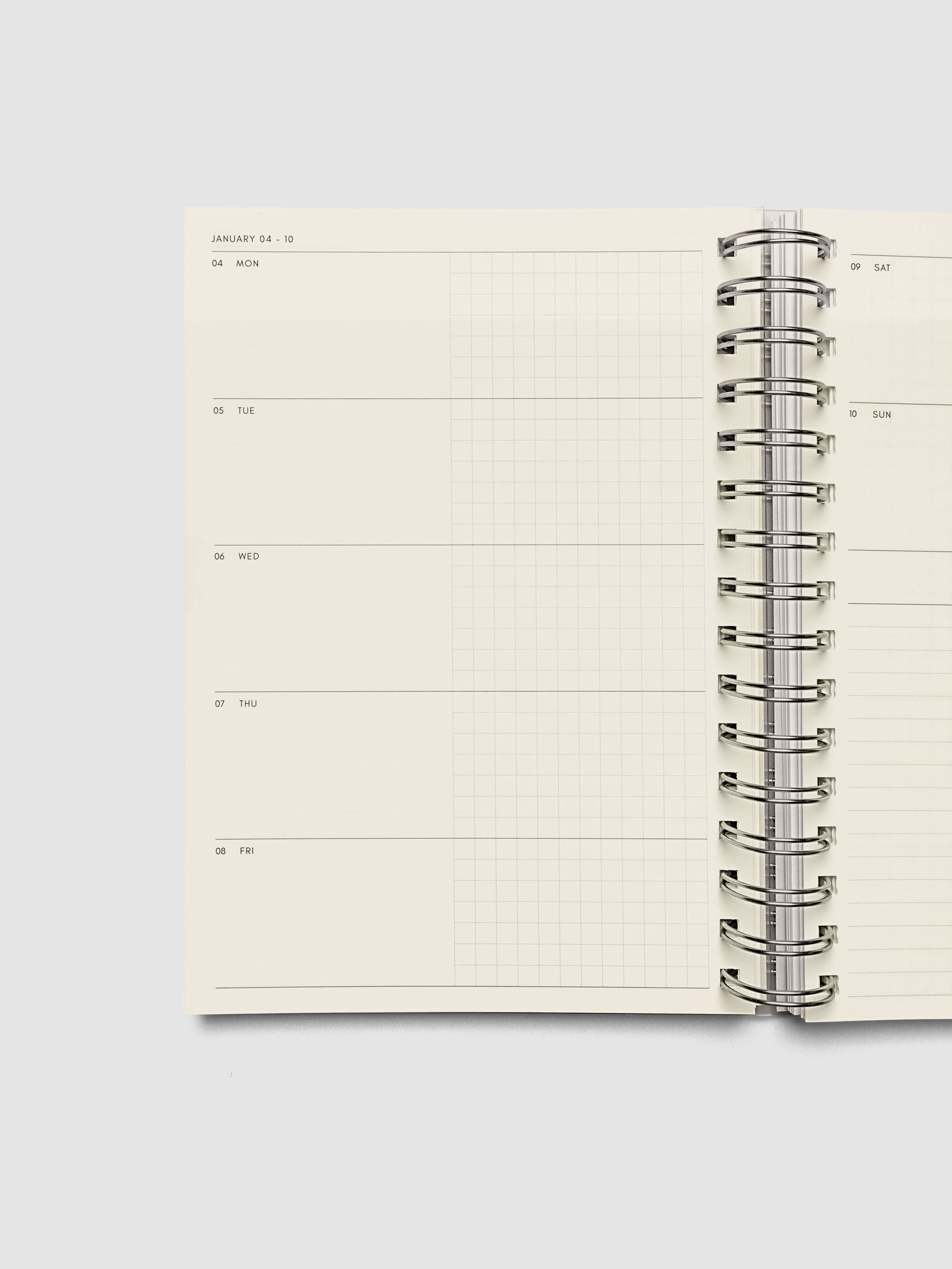 Left page of the horizontal weekly spread showing half-blank, half-graph sections for the first days of the week, from the 2026–2027 Weekly Horizontal Academic Planner A5 Spiral