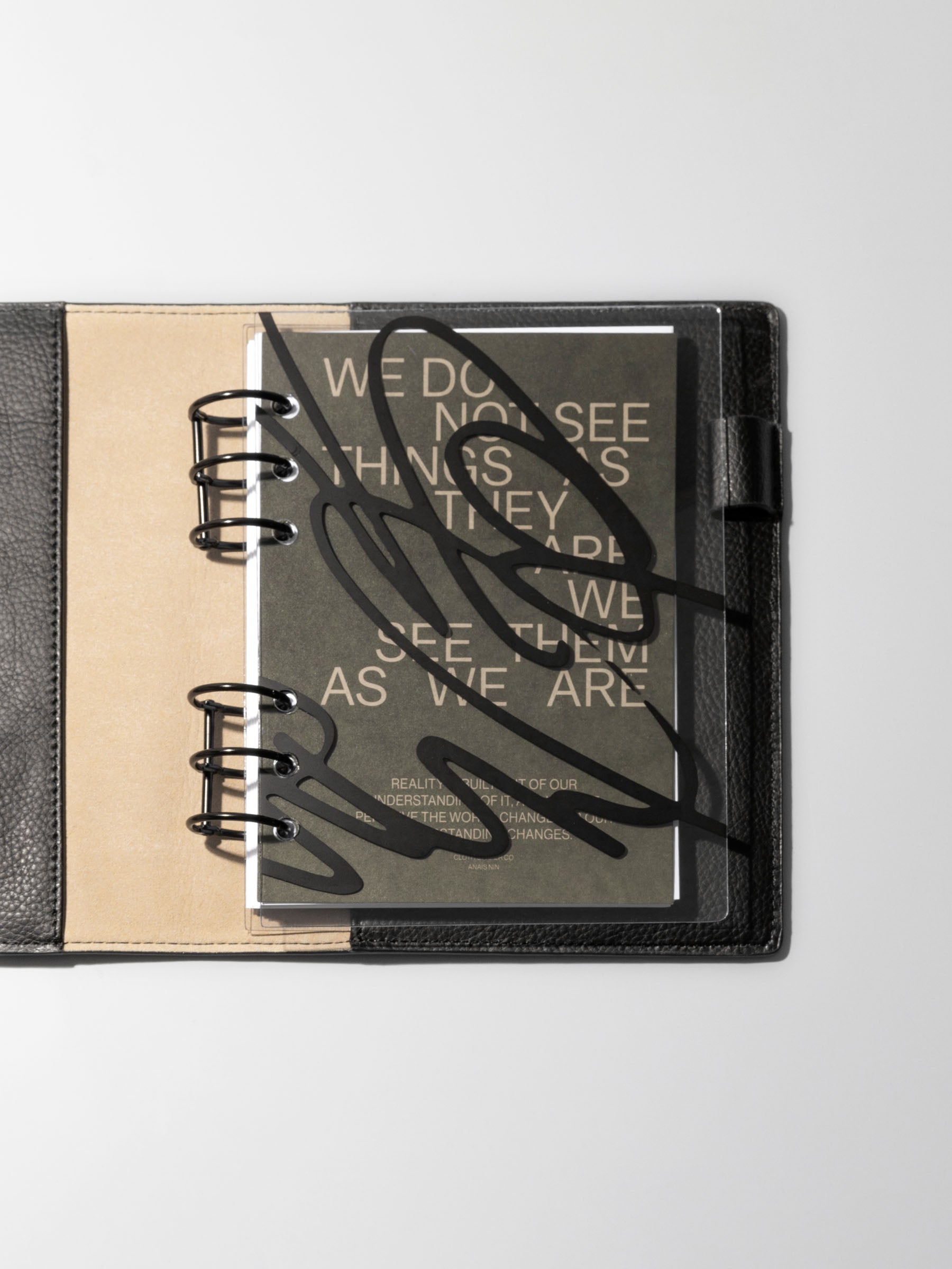 As We Are Cover + Dashboard Set in size Personal Wide shown ring bound in a black leather folio.