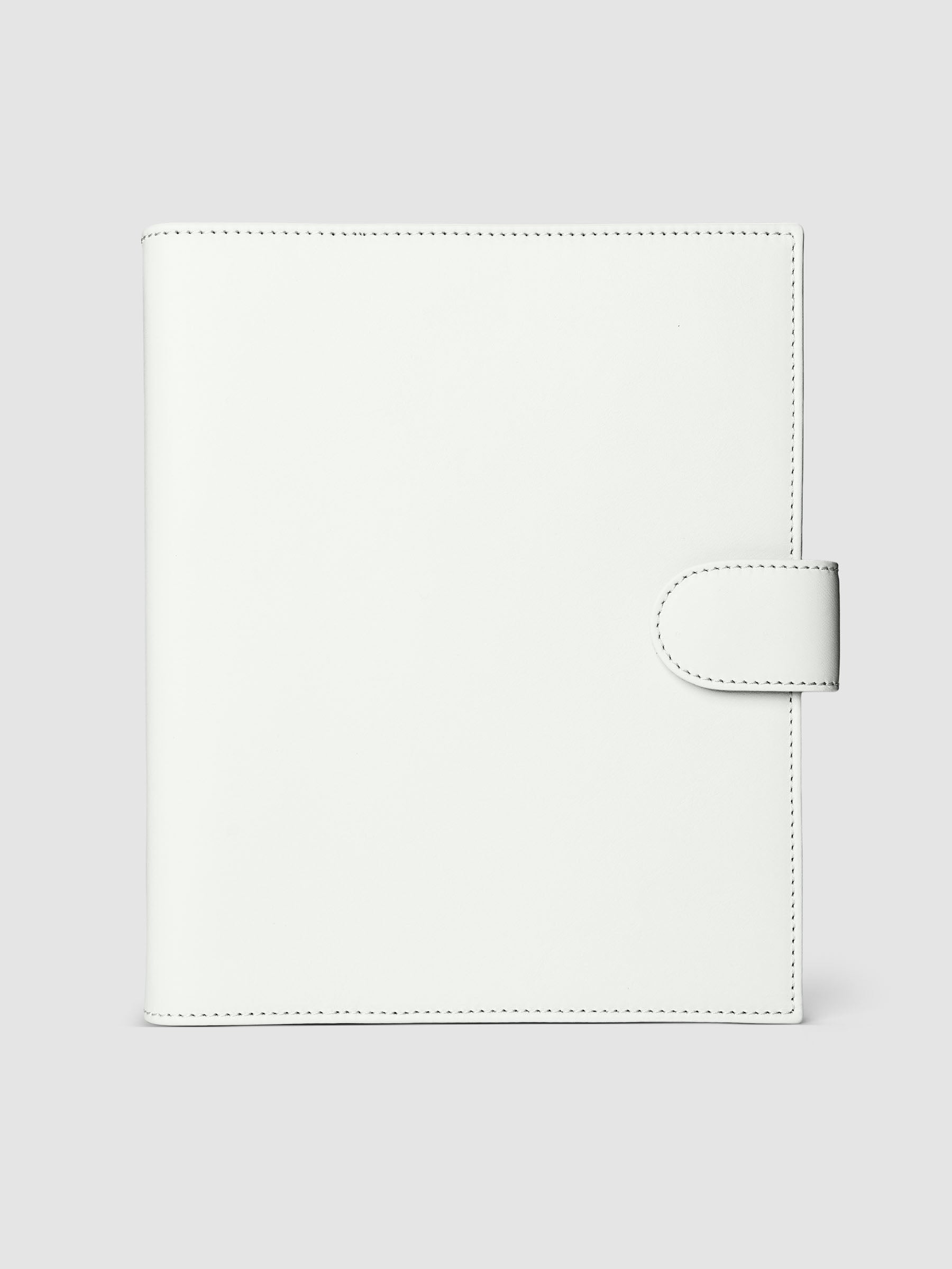 Off-white genuine leather A5 6-ring planner cover with gold magnetic snap closure, closed front view