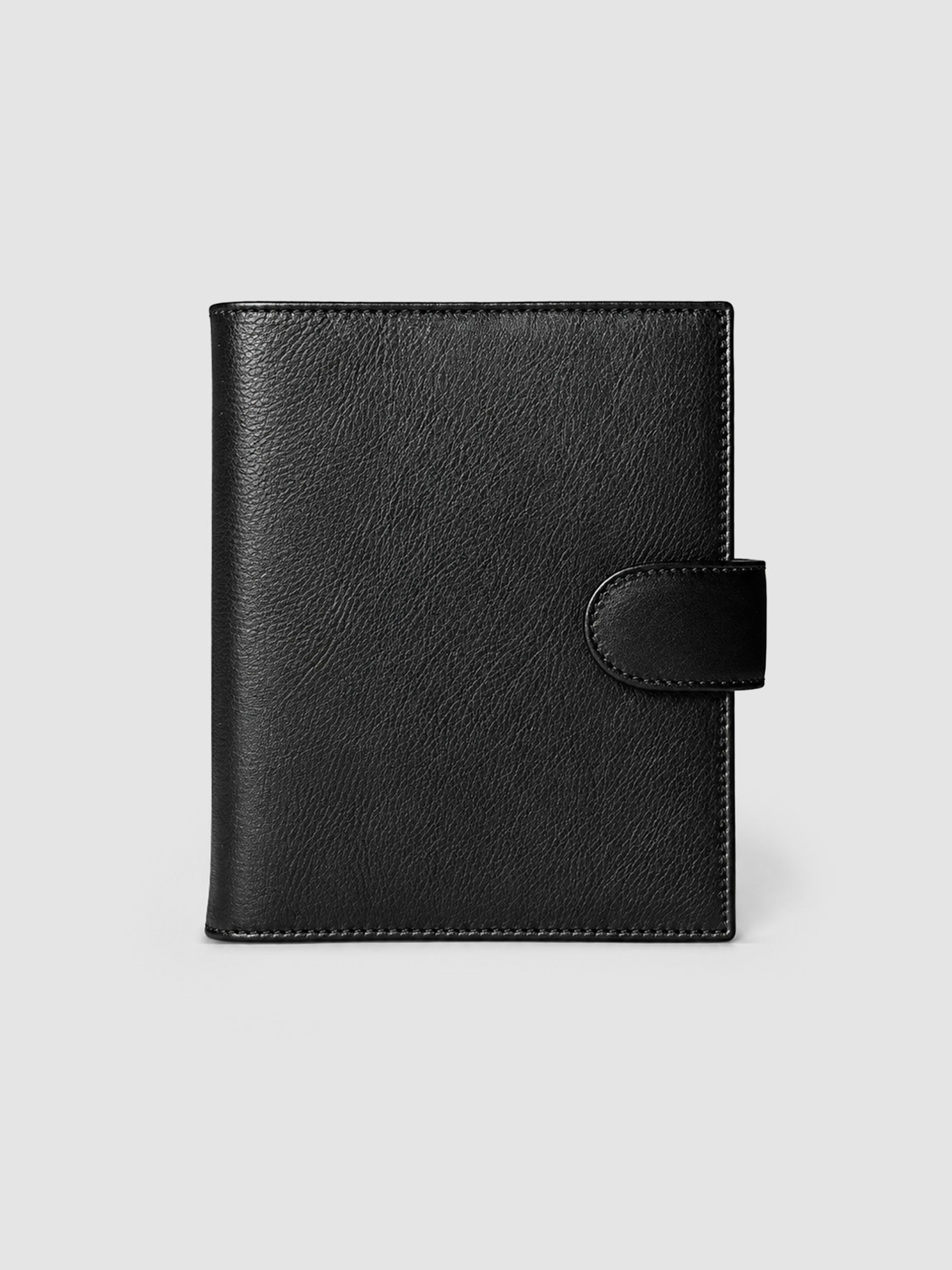 Black genuine leather Personal Wide 6-ring planner cover with gold magnetic snap closure, closed front view