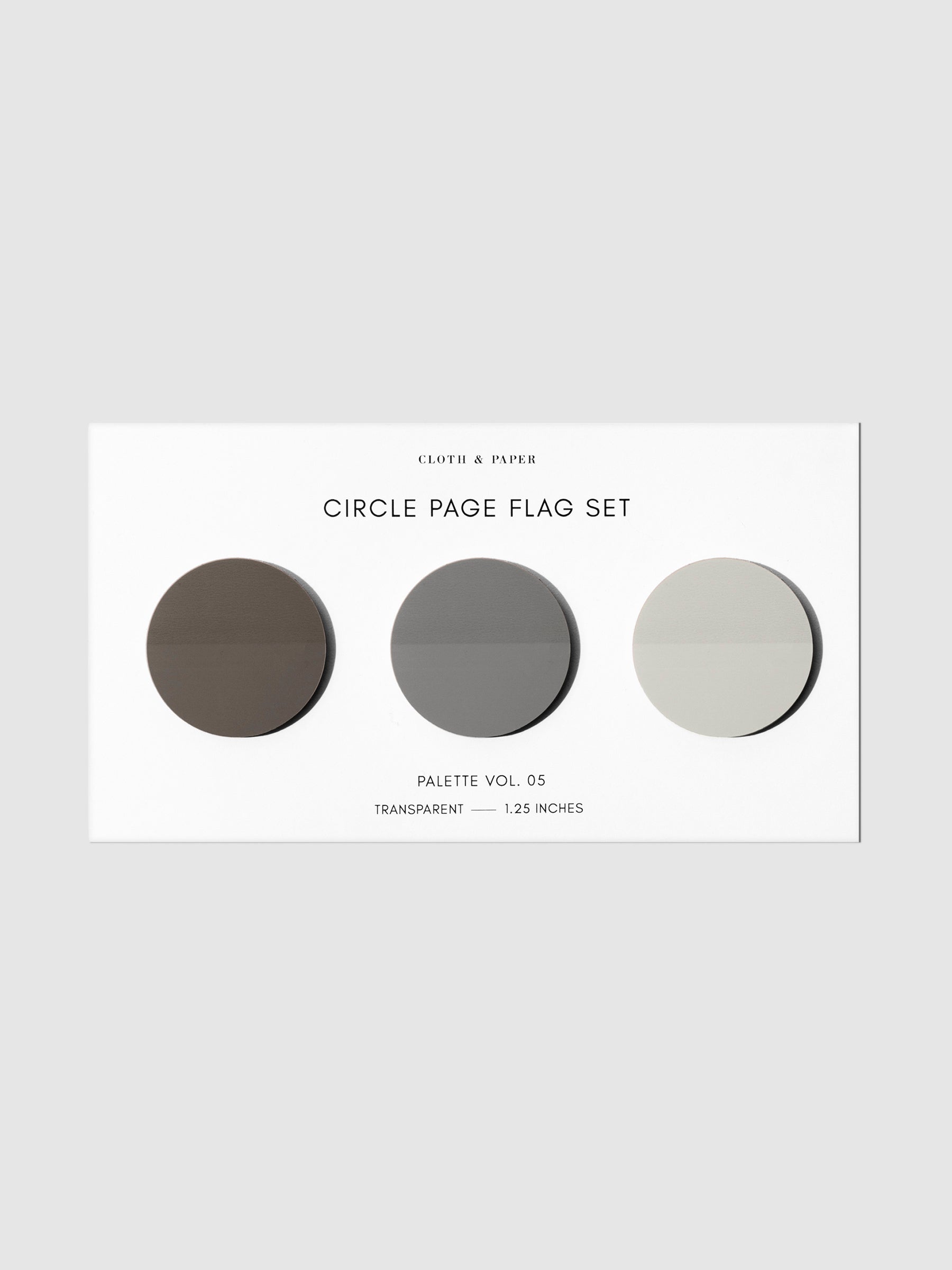 Page flags on their backing on a neutral background. Pictured is color set Volume 05.