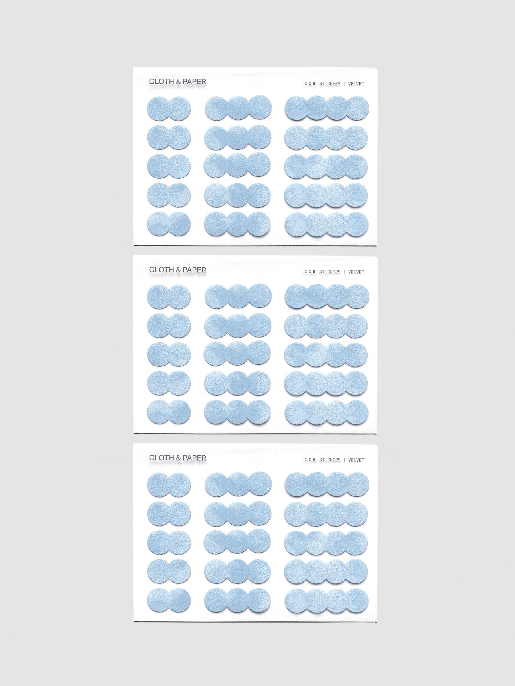 Three sheets of Cloud Stickers | Velvet showing all 45 stickers.