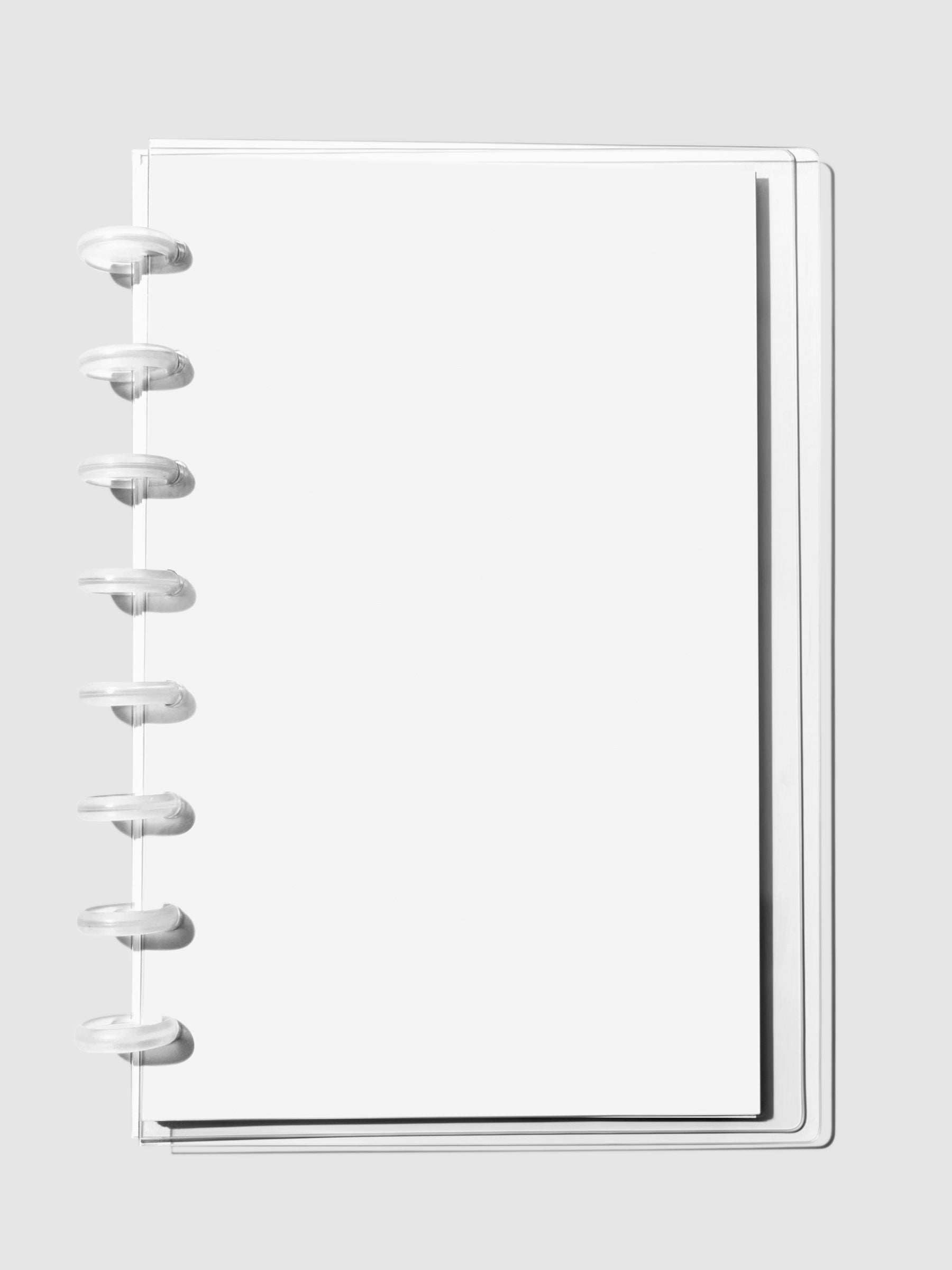 Crystal Clear Discbound Notebook Cover in use with clear rings.