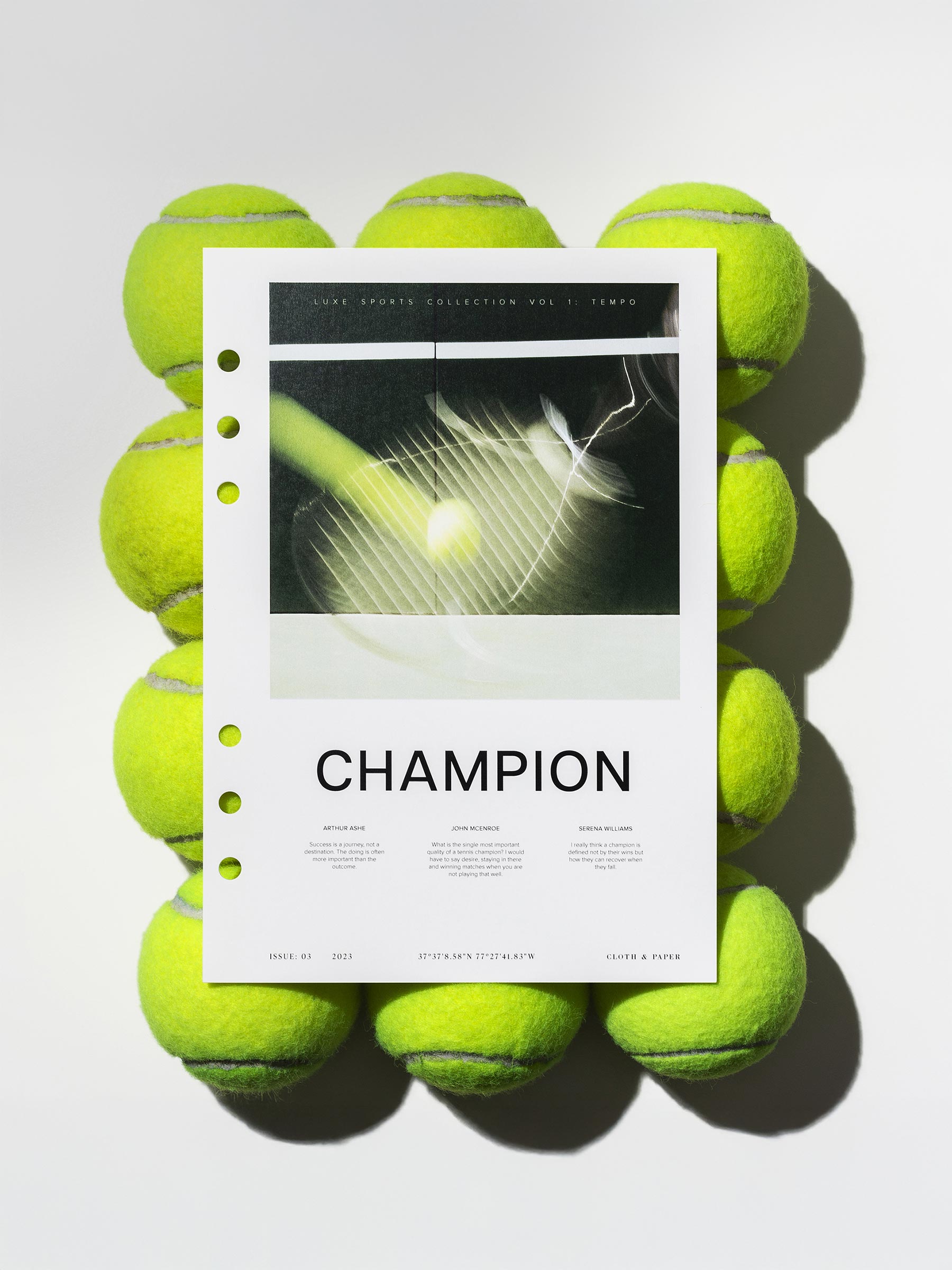 Champion dashboard displayed on top of 12 tennis balls. Size shown is A5.