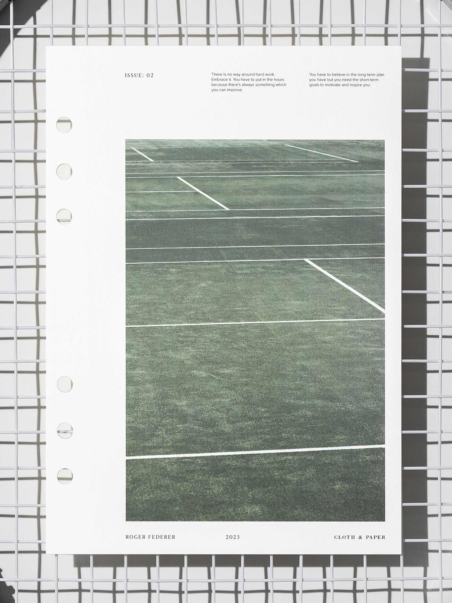 Full Court dashboard displayed on a tennis racket's netting. Size shown is A5.