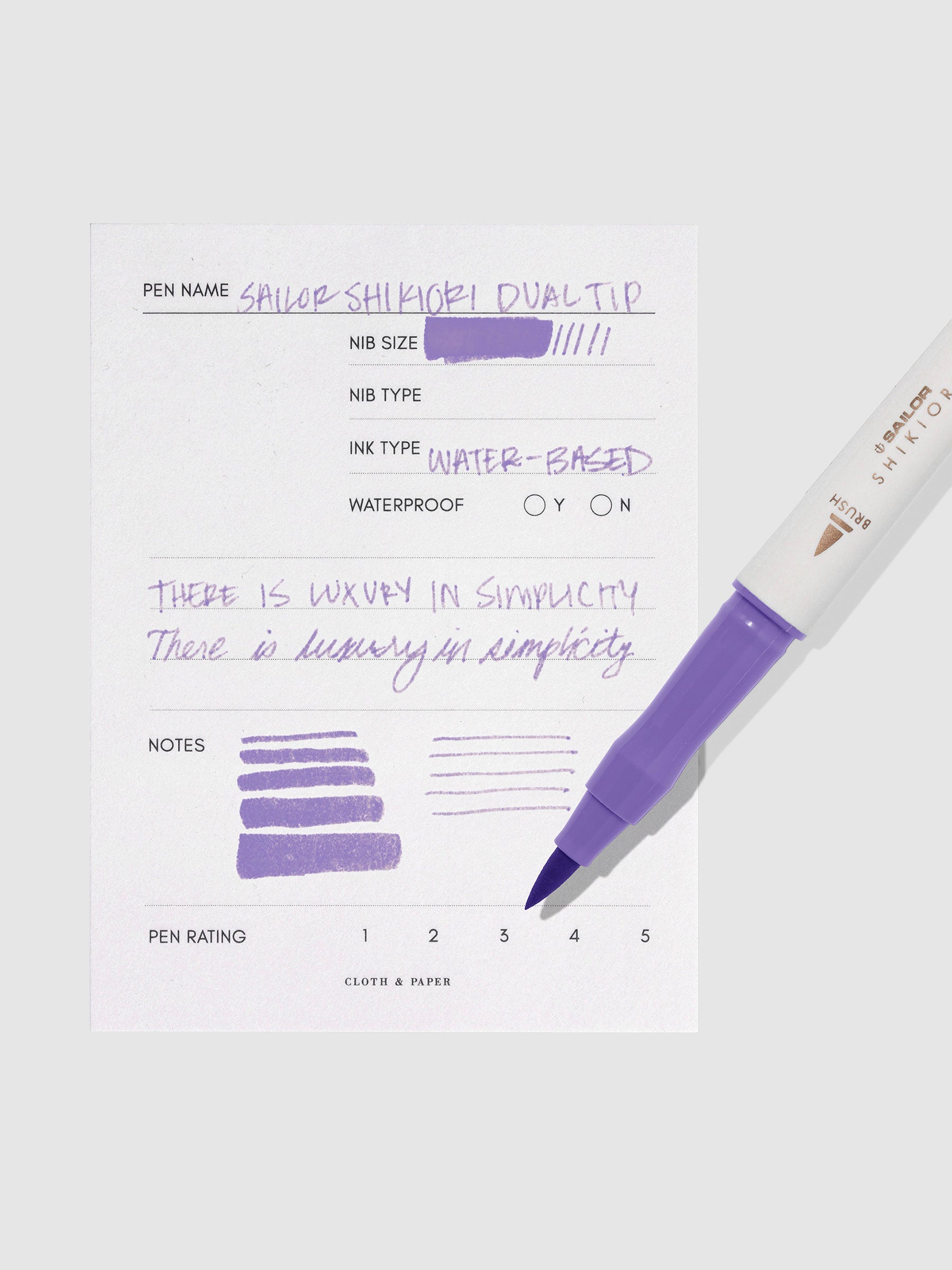Pen displayed next to in use pen test sheet. Color pictured is Fujisugata.