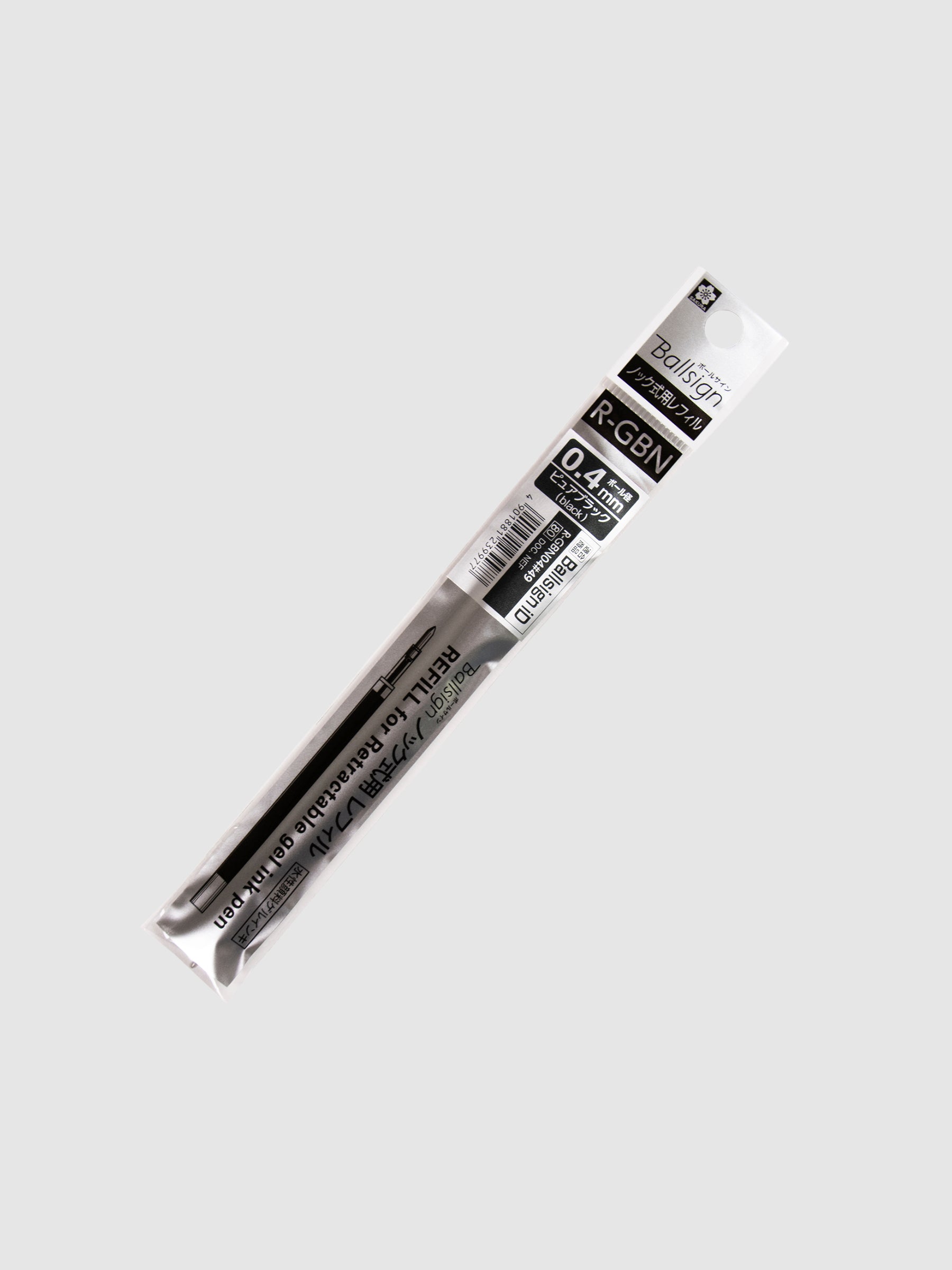 Sakura Ballsign iD Gel Ink Refill, 0.4 mm, Cloth and Paper. Black ink refill in its packaging turned slightly to the right against a neutral background.