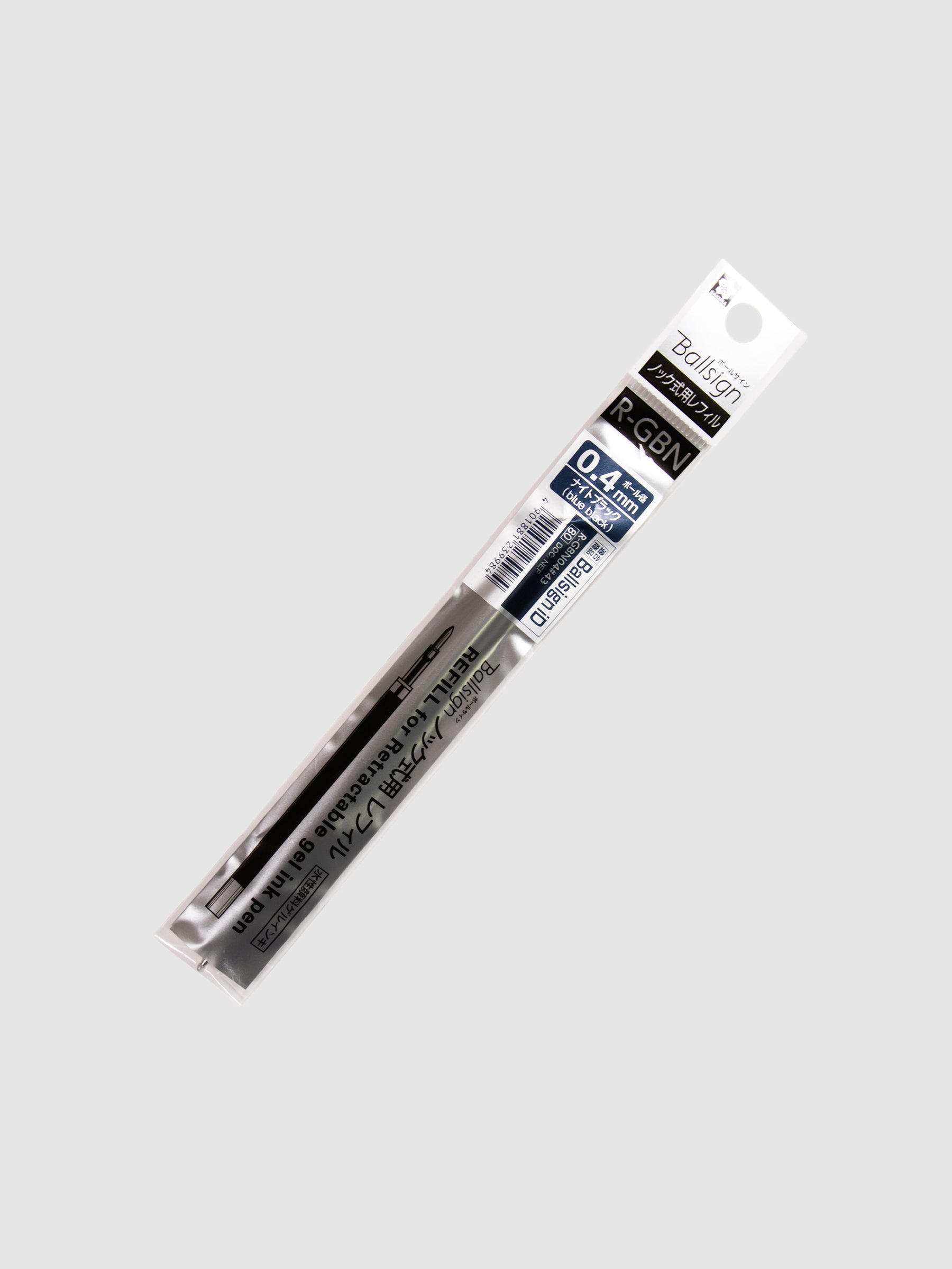 Sakura Ballsign iD Gel Ink Refill, 0.4 mm, Cloth and Paper. Blue black ink refill in its packaging turned slightly to the right against a neutral background.
