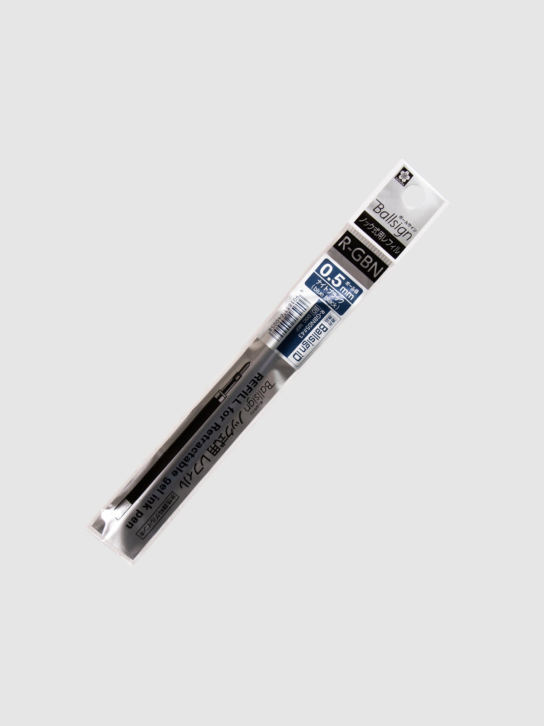 Sakura Ballsign iD Gel Ink Refill, 0.5 mm, Cloth and Paper. Blue black ink refill in its packaging turned slightly to the right against a neutral background.
