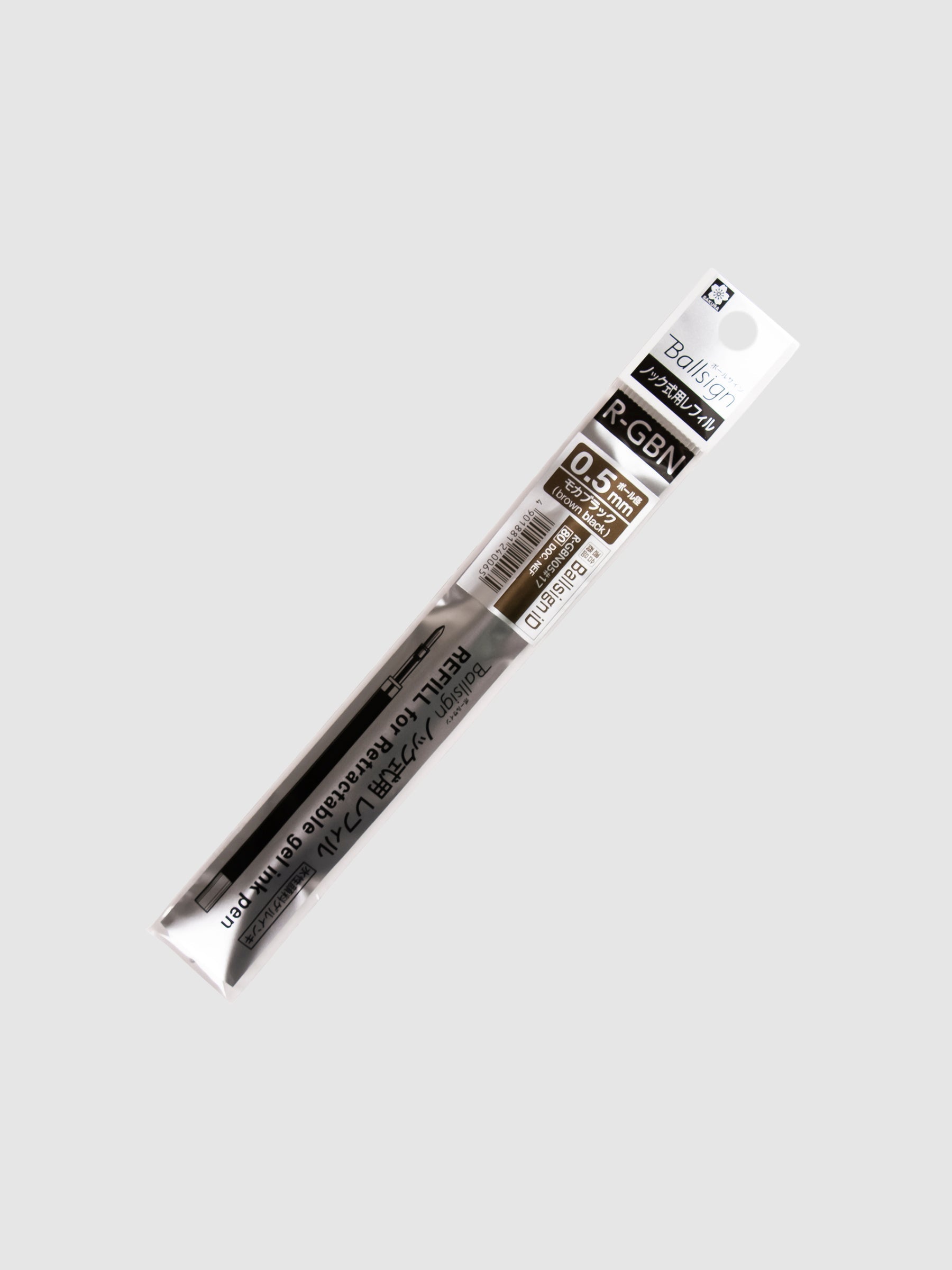 Sakura Ballsign iD Gel Ink Refill, 0.5 mm, Cloth and Paper. Brown black ink refill in its packaging turned slightly to the right against a neutral background.