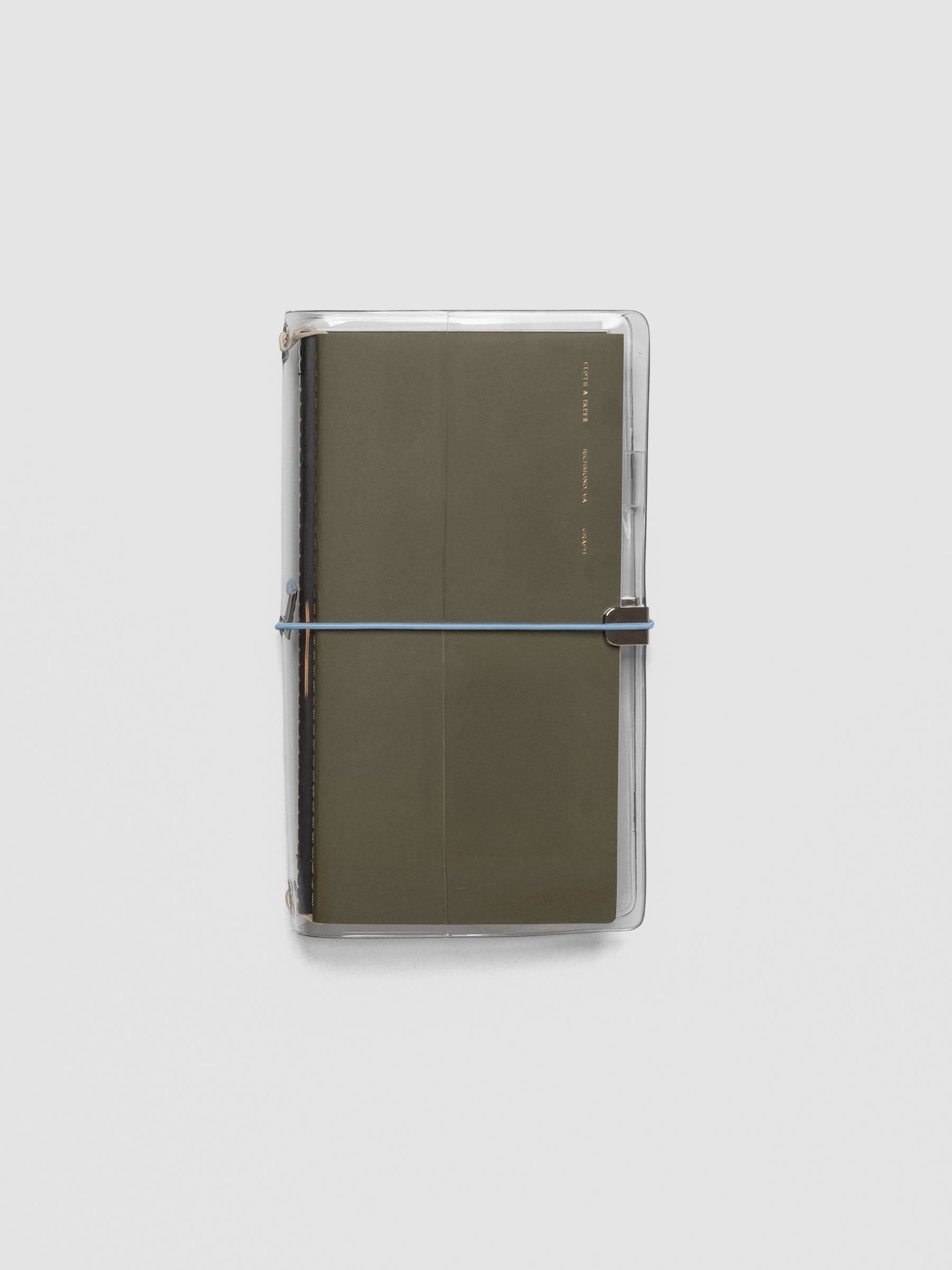 Light blue exterior band in use with a clear vinyl cover with travel notebooks inside against a neutral background.