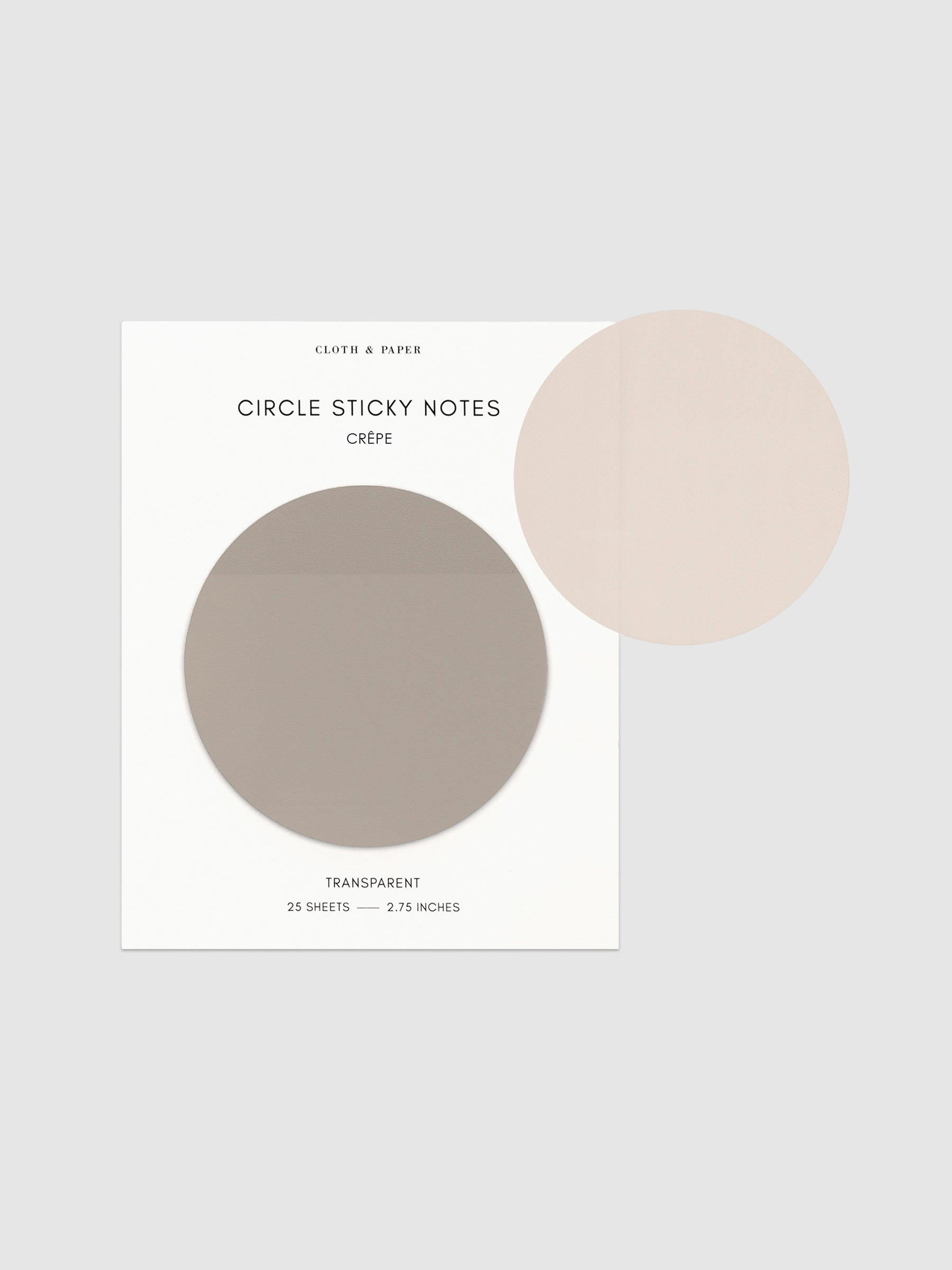 Transparent Circle Sticky Notes displayed on a neutral backround. Color shown is Crepe.
