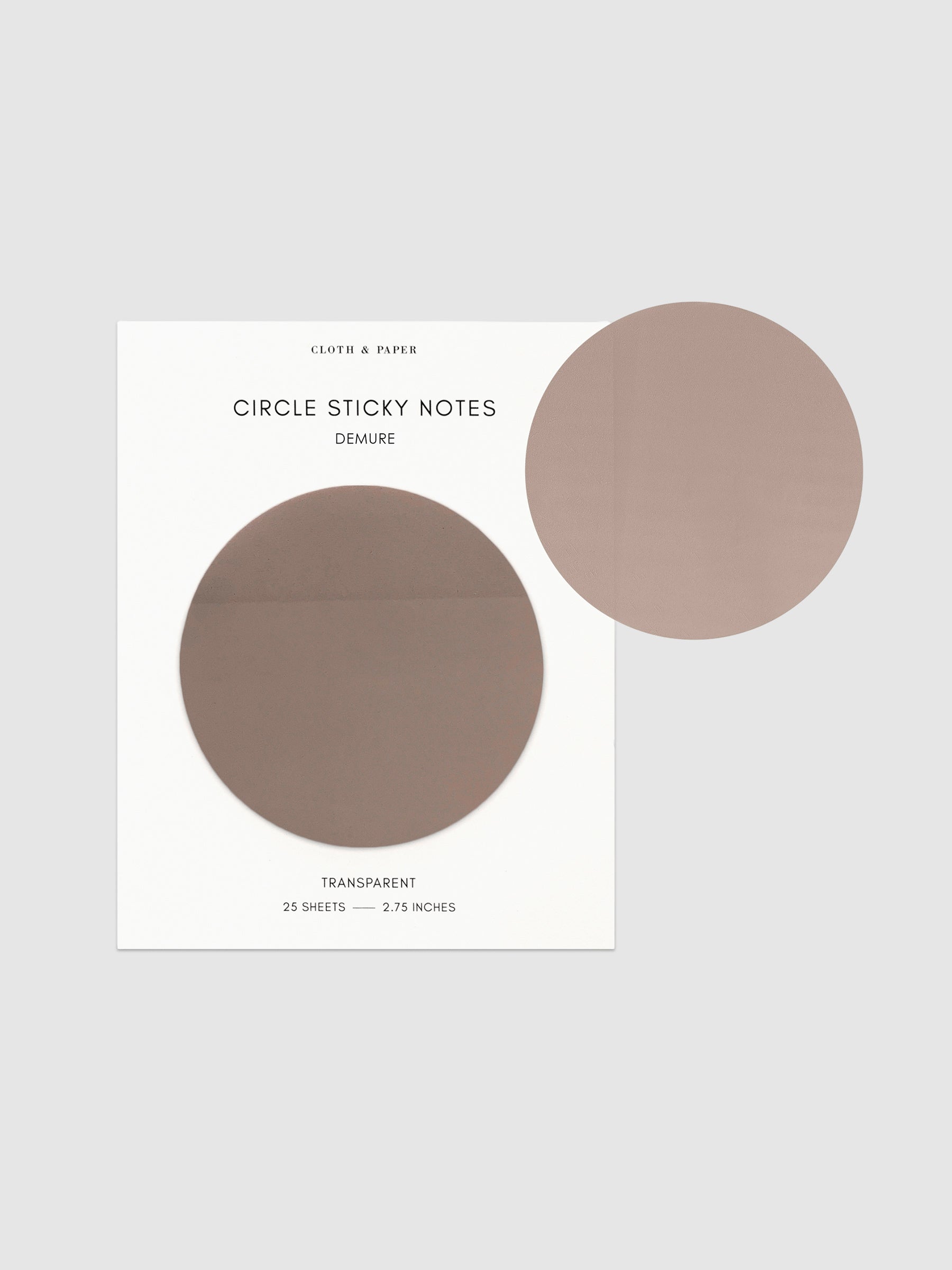 Transparent Circle Sticky Notes displayed on a neutral backround. Color shown is Demure.