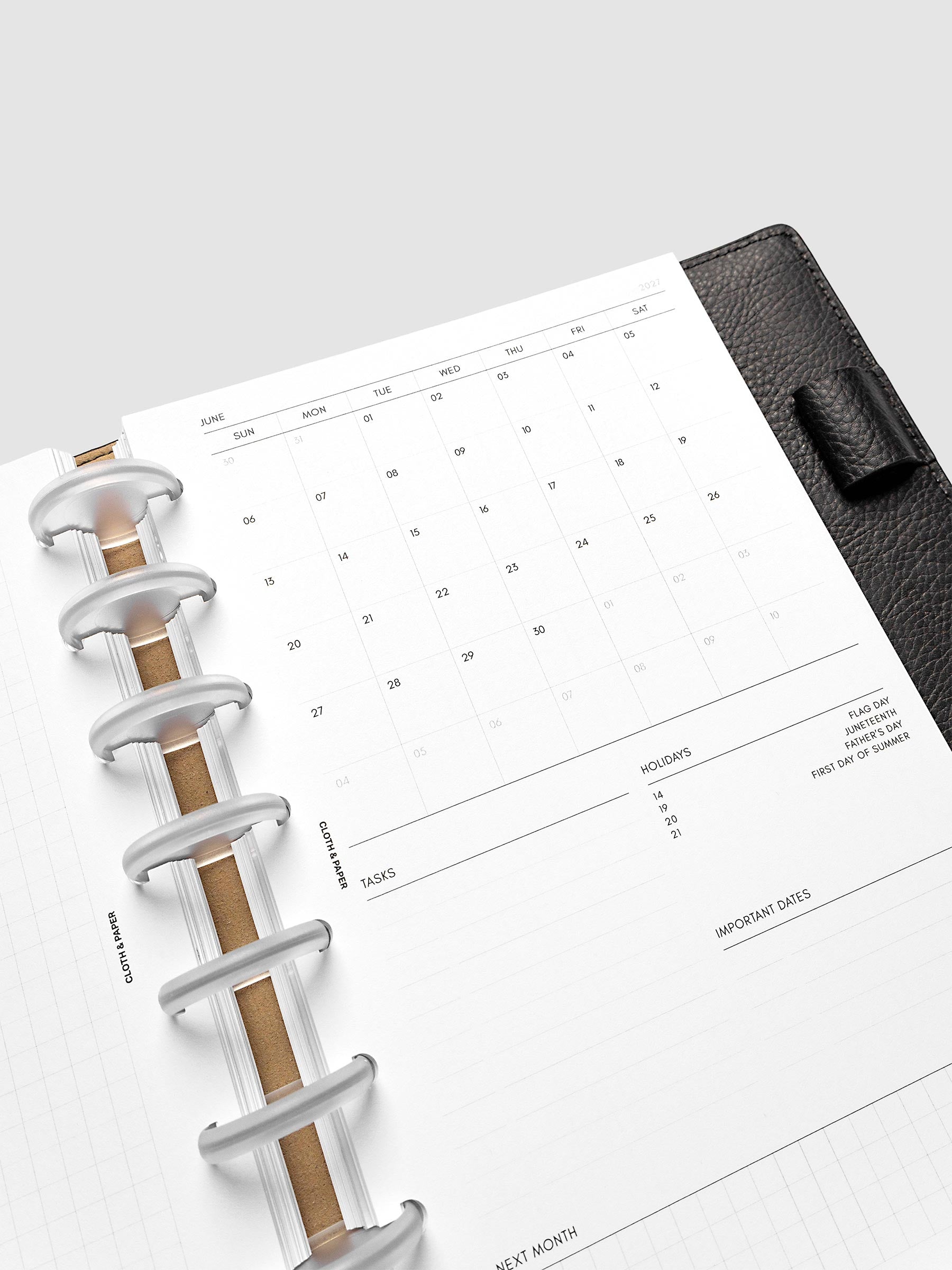 Close-up of the monthly admin right page in the 2027 Dated Monthly Admin Inserts, Half Letter 8-Disc Punch discbound size, showing the Sunday start calendar, task section, holiday reference, important dates, and next month preview.