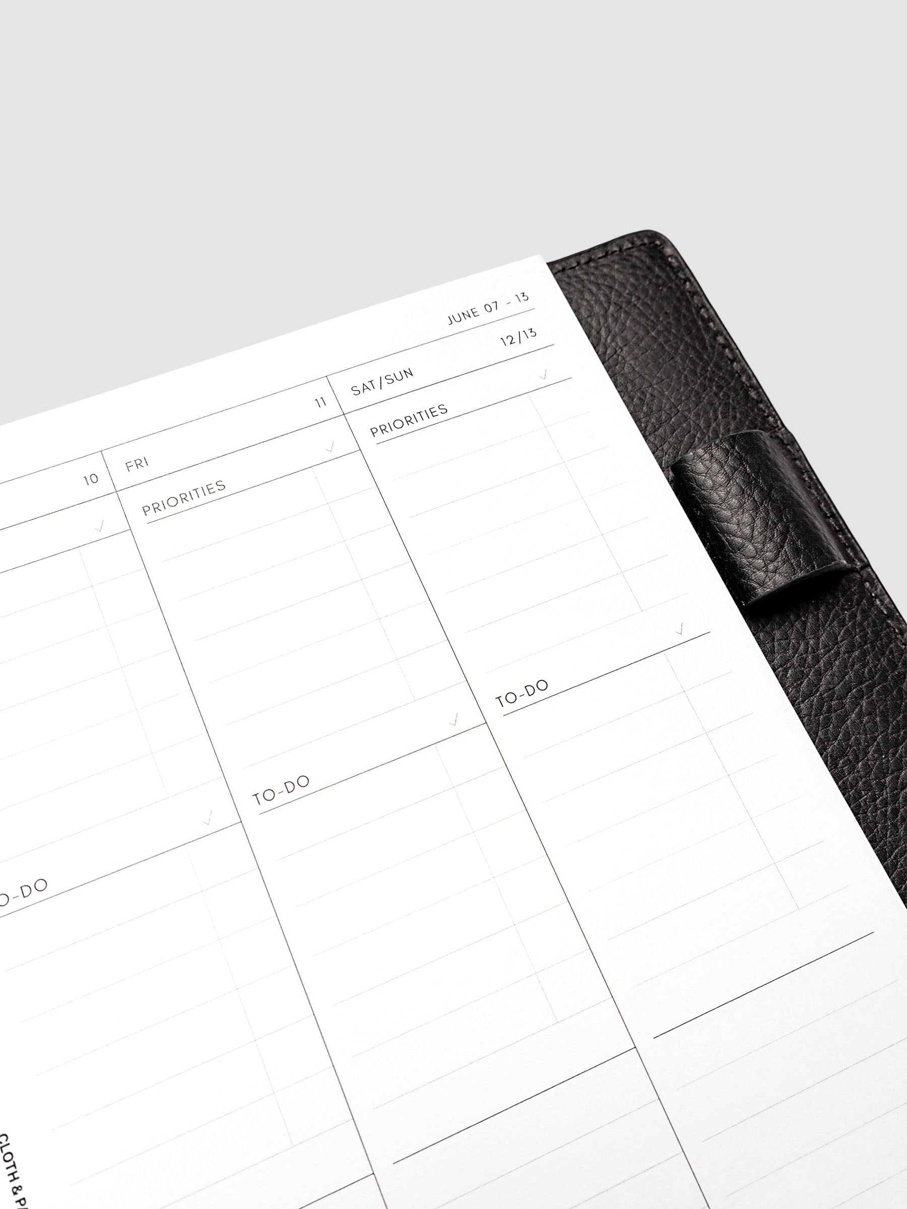 2027 Dated Weekly Task Planner Inserts, Monday Start, Half Letter 8-Disc Punch, close-up of the top of the right page showing labeled priorities and to-do sections including the combined Saturday and Sunday column