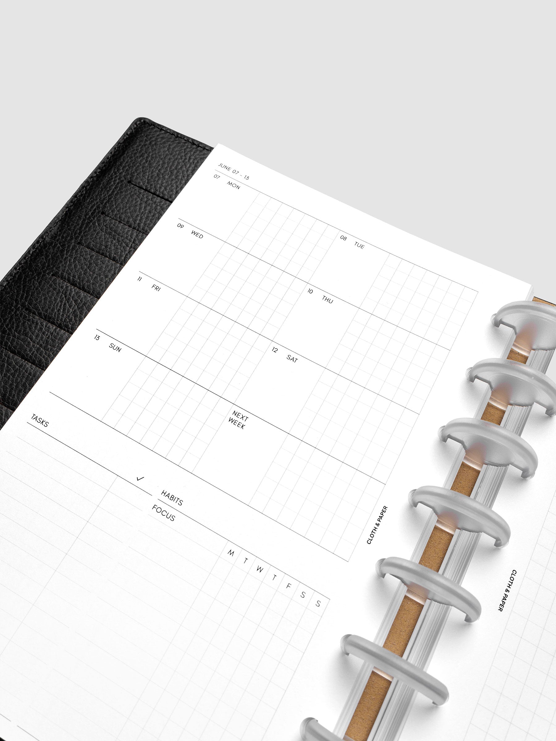 Close-up of the 2027 Dated Weekly Admin left page in Half Letter 8-Disc Punch size, showing the weekly overview and task sections