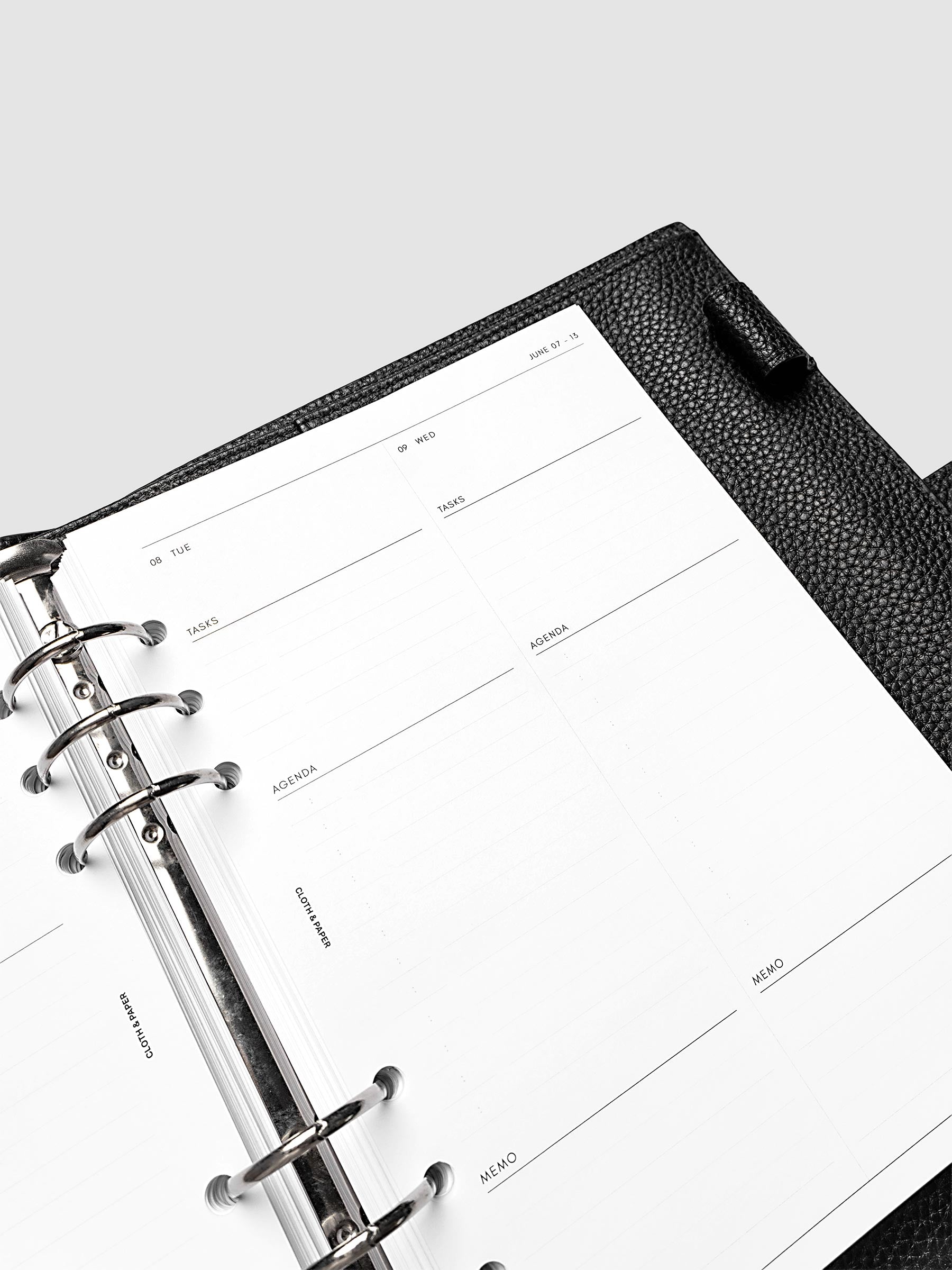 Detail view of the right page layout for the 2027 Dated Daily Inserts | Monday start in a black ringbound planner